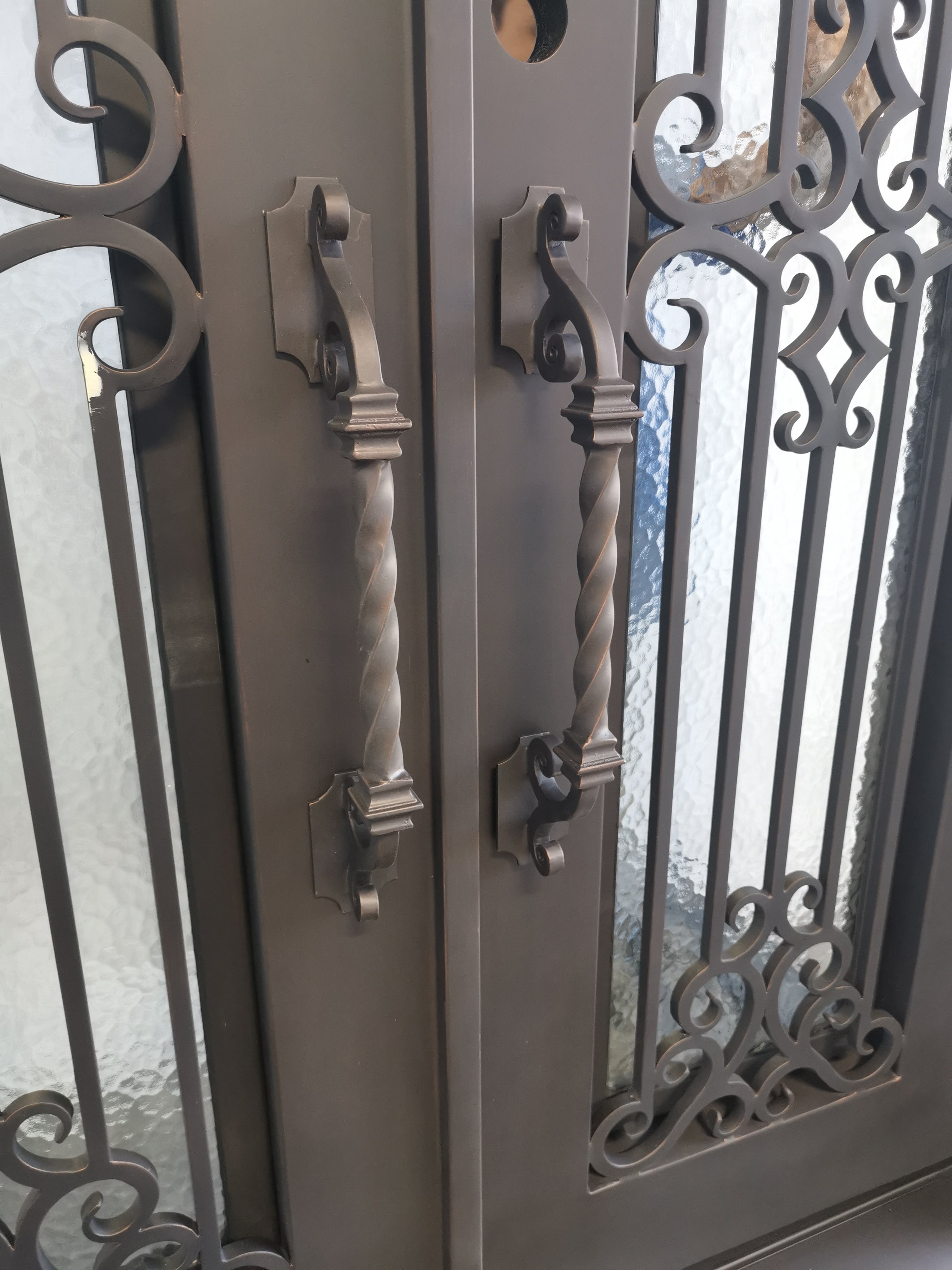 Hidalgo Model Double Front Entry Iron Door With Tempered Aqua Lite Glass Dark Bronze Finish