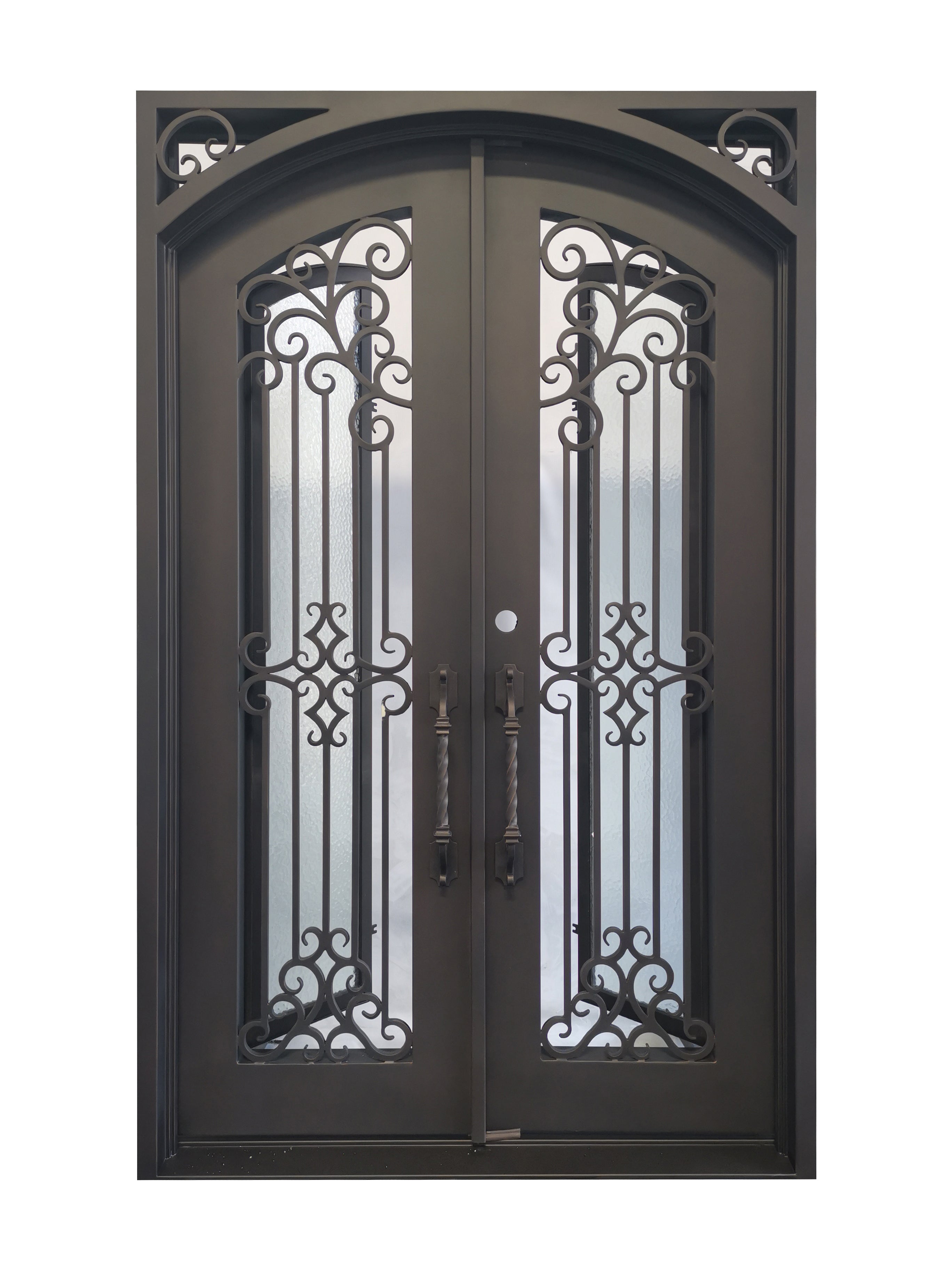 Hidalgo Model Double Front Entry Iron Door With Tempered Aqua Lite Glass Dark Bronze Finish
