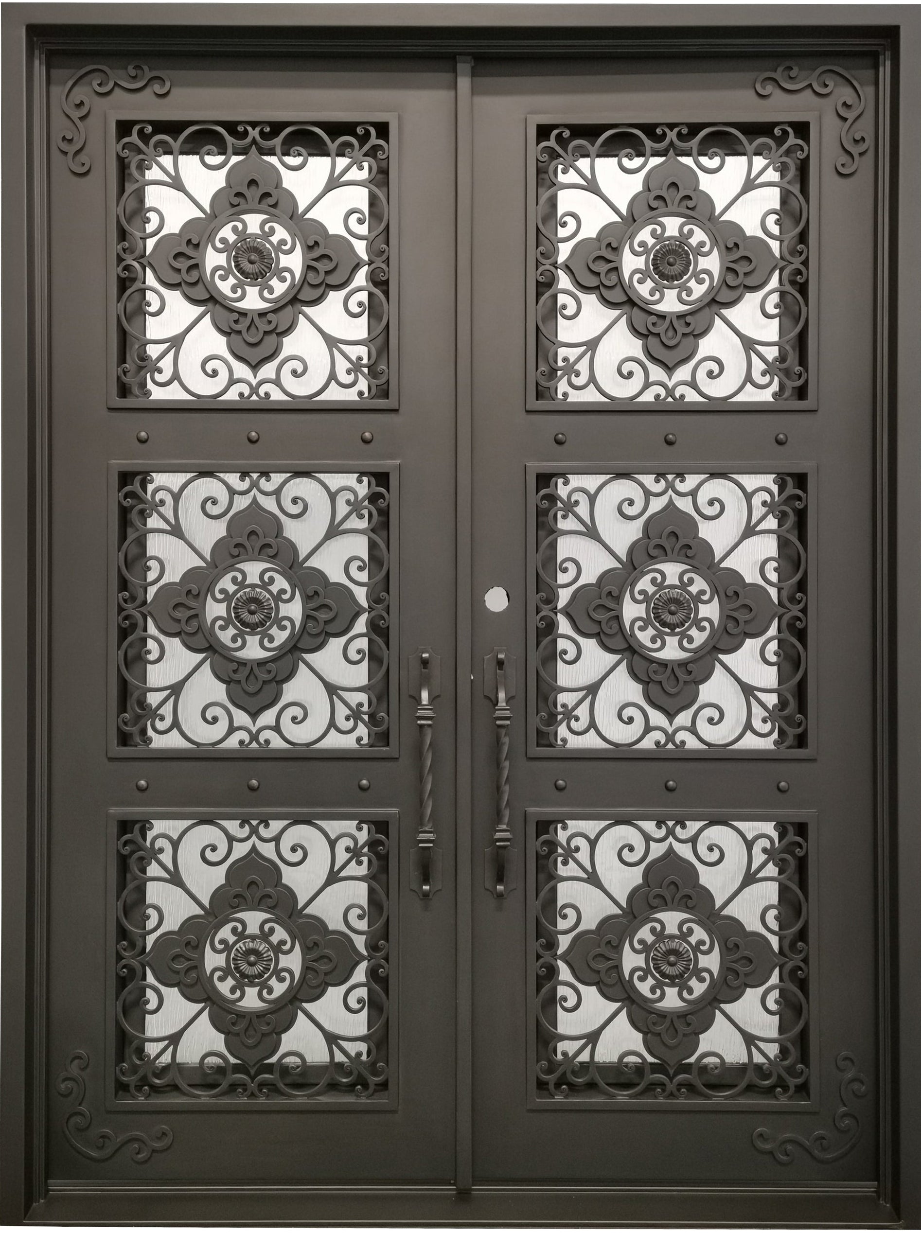 Allen Model Double Front Entry Iron Door With Tempered Rain Glass Dark Bronze Finish