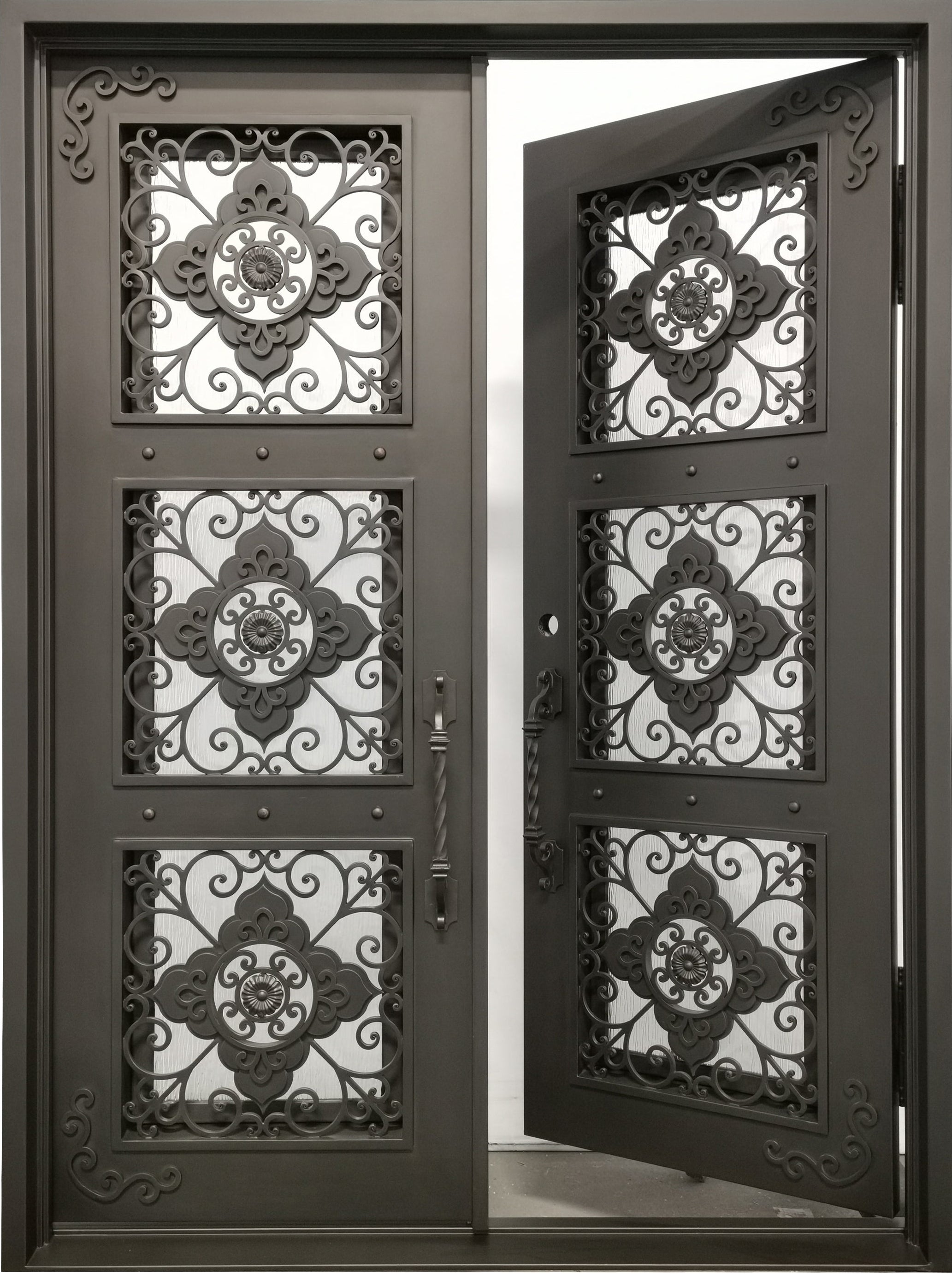 Allen Model Double Front Entry Iron Door With Tempered Rain Glass Dark Bronze Finish