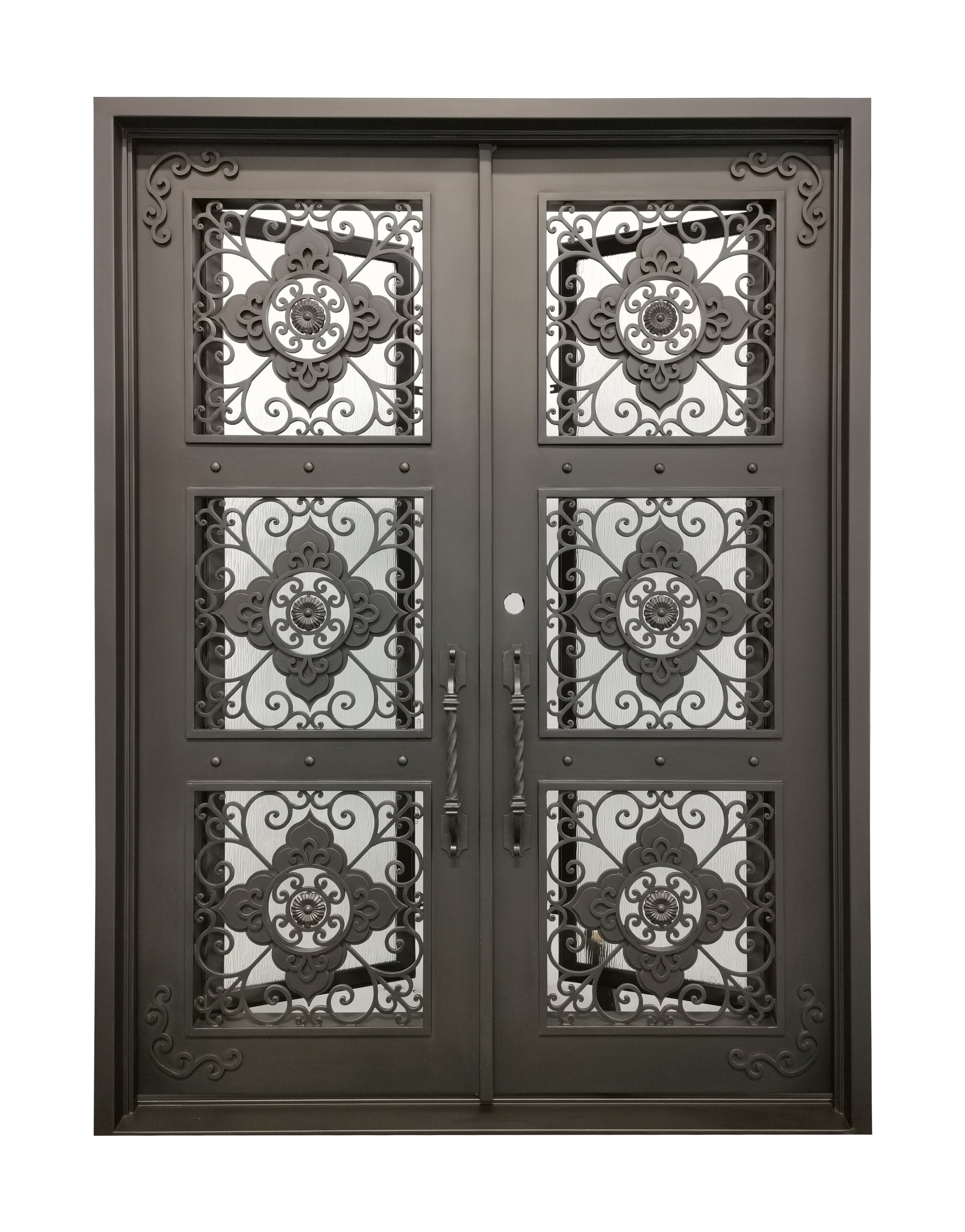 Allen Model Double Front Entry Iron Door With Tempered Rain Glass Dark Bronze Finish