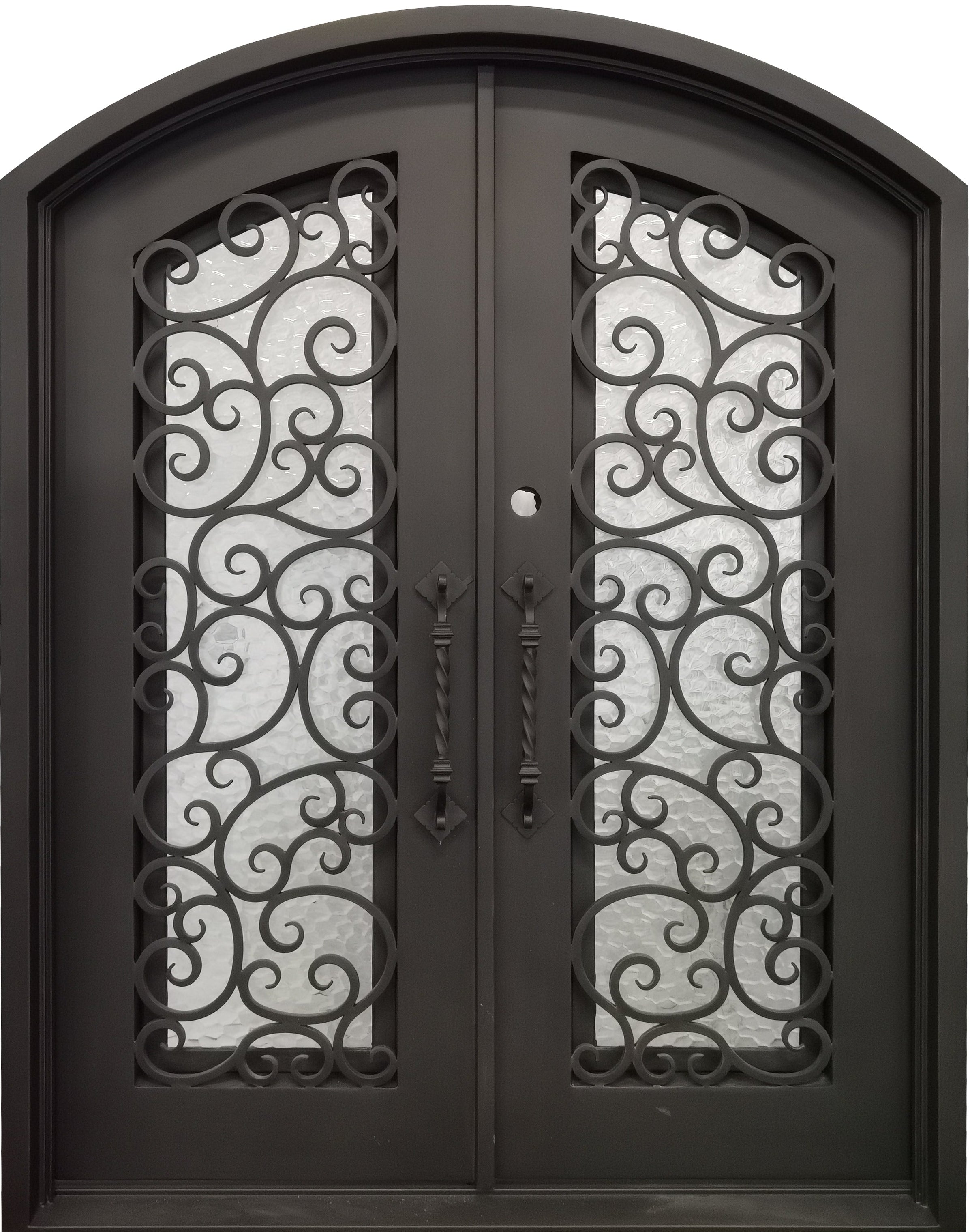 Cisco Model Double Front Entry Iron Door With Tempered Water Cube Glass Dark Bronze Finish