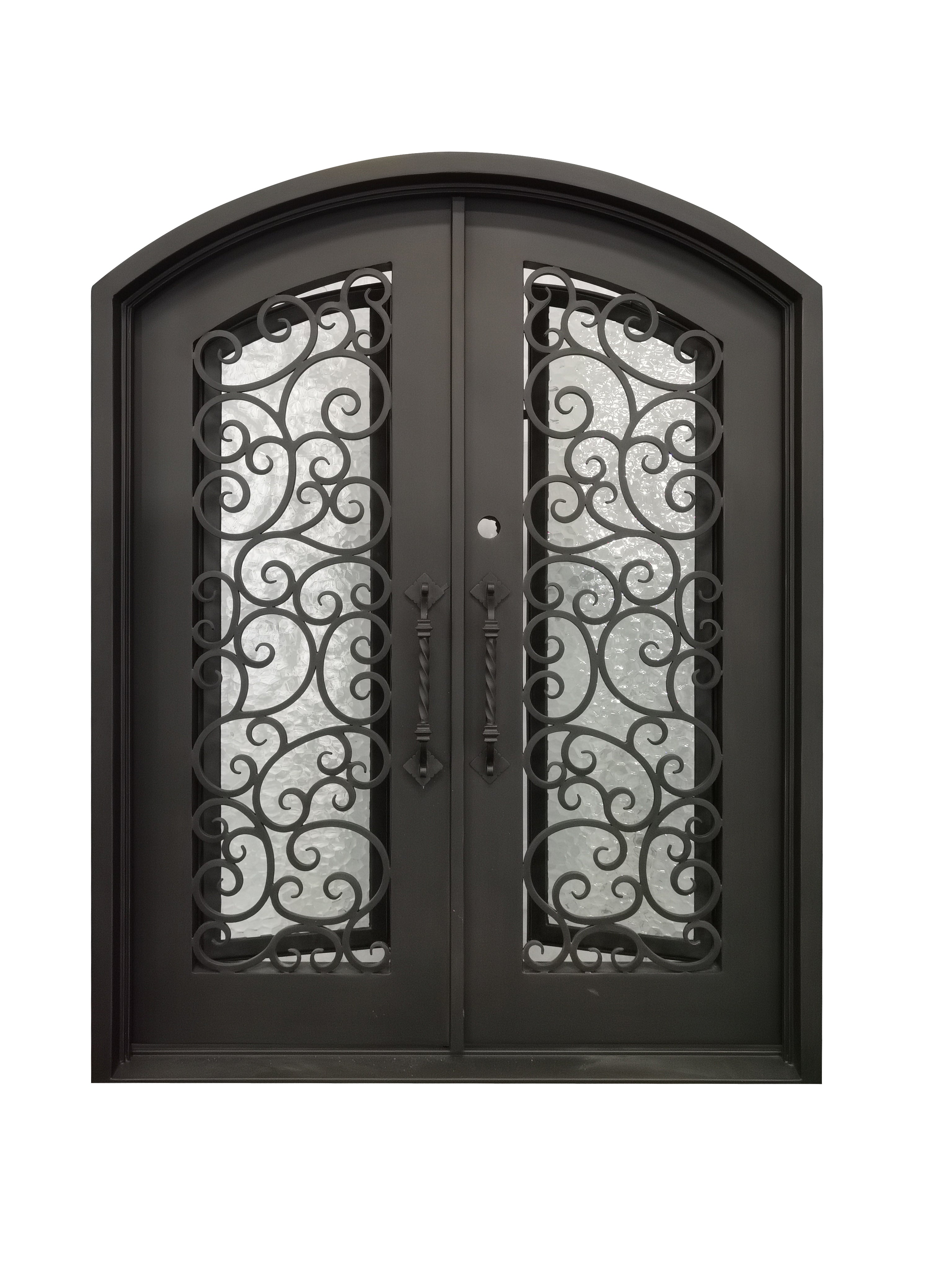 Cisco Model Double Front Entry Iron Door With Tempered Water Cube Glass Dark Bronze Finish