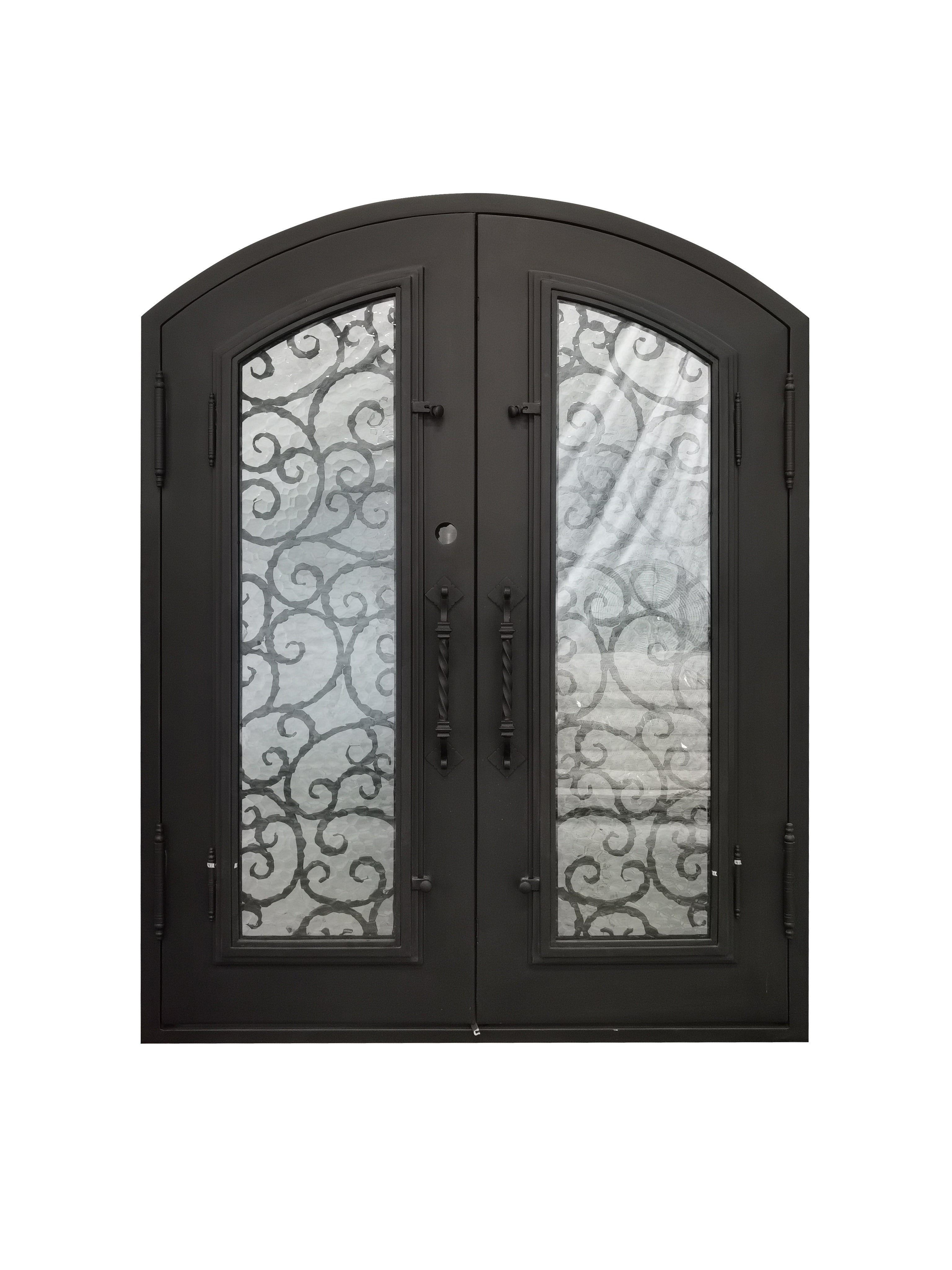 Cisco Model Double Front Entry Iron Door With Tempered Water Cube Glass Dark Bronze Finish