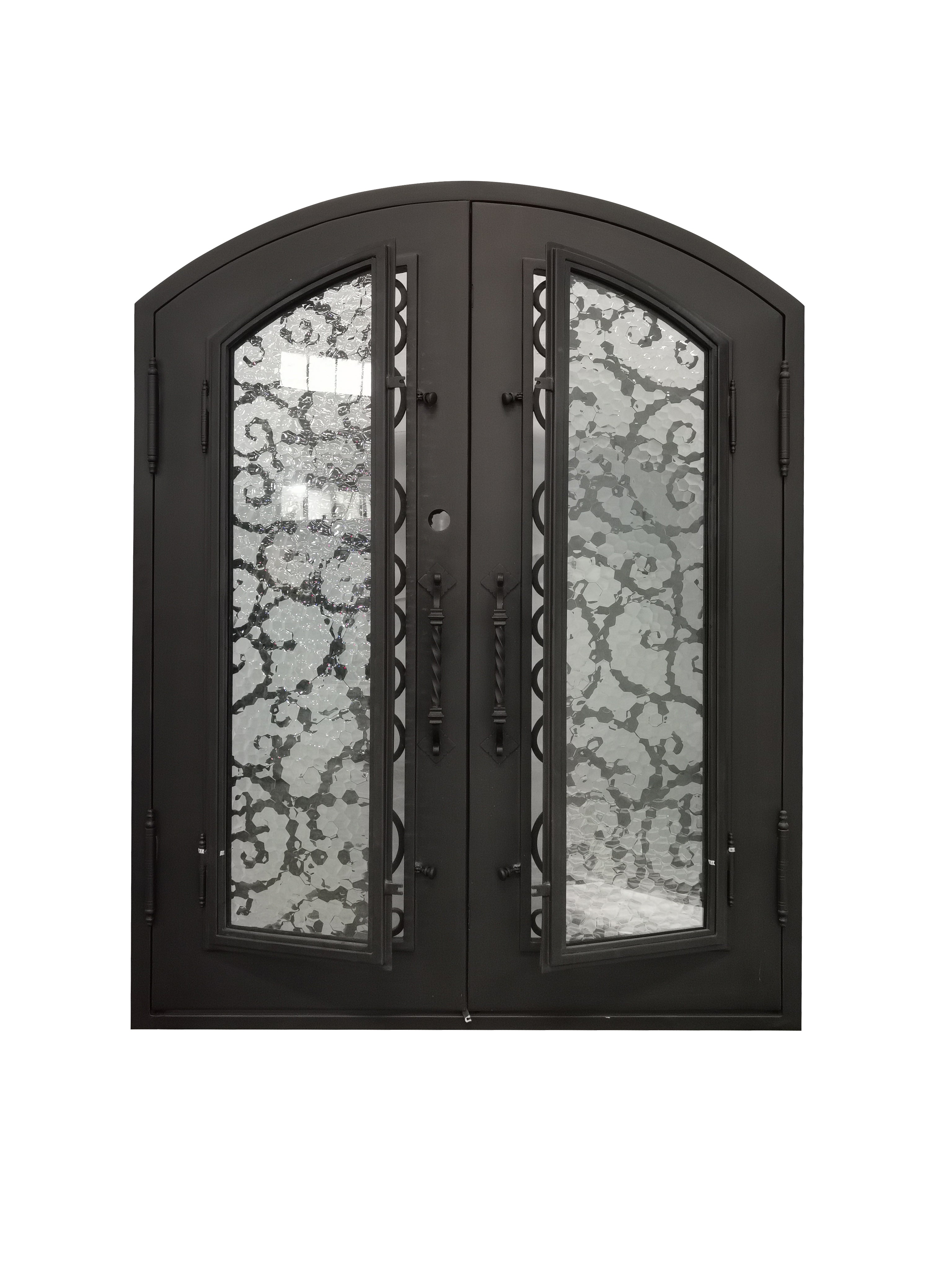 Cisco Model Double Front Entry Iron Door With Tempered Water Cube Glass Dark Bronze Finish