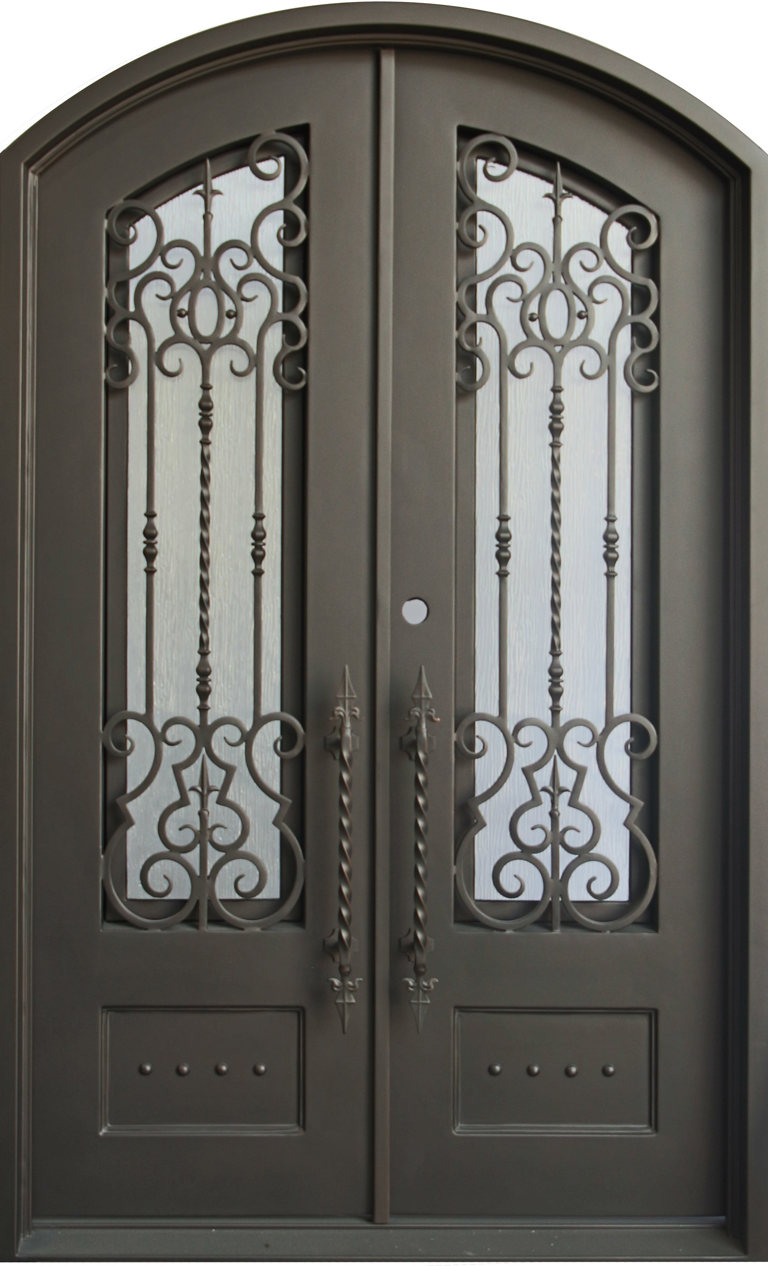 Addison Model Double Front Entry Iron Door With Tempered Rain Glass Dark Bronze Finish