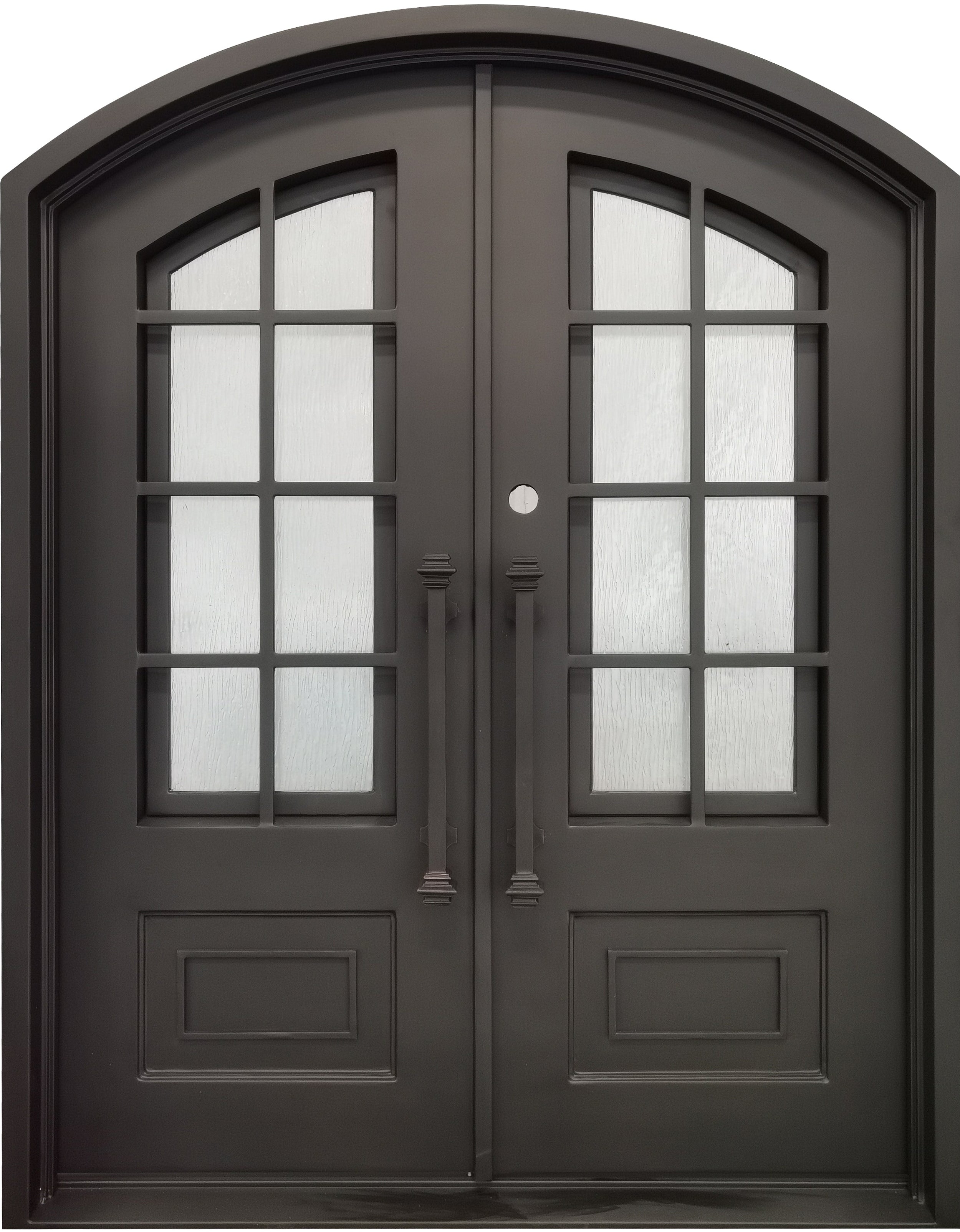 Anderson Model Double Front Entry Iron Door With Tempered Rain Glass Dark Bronze Finish