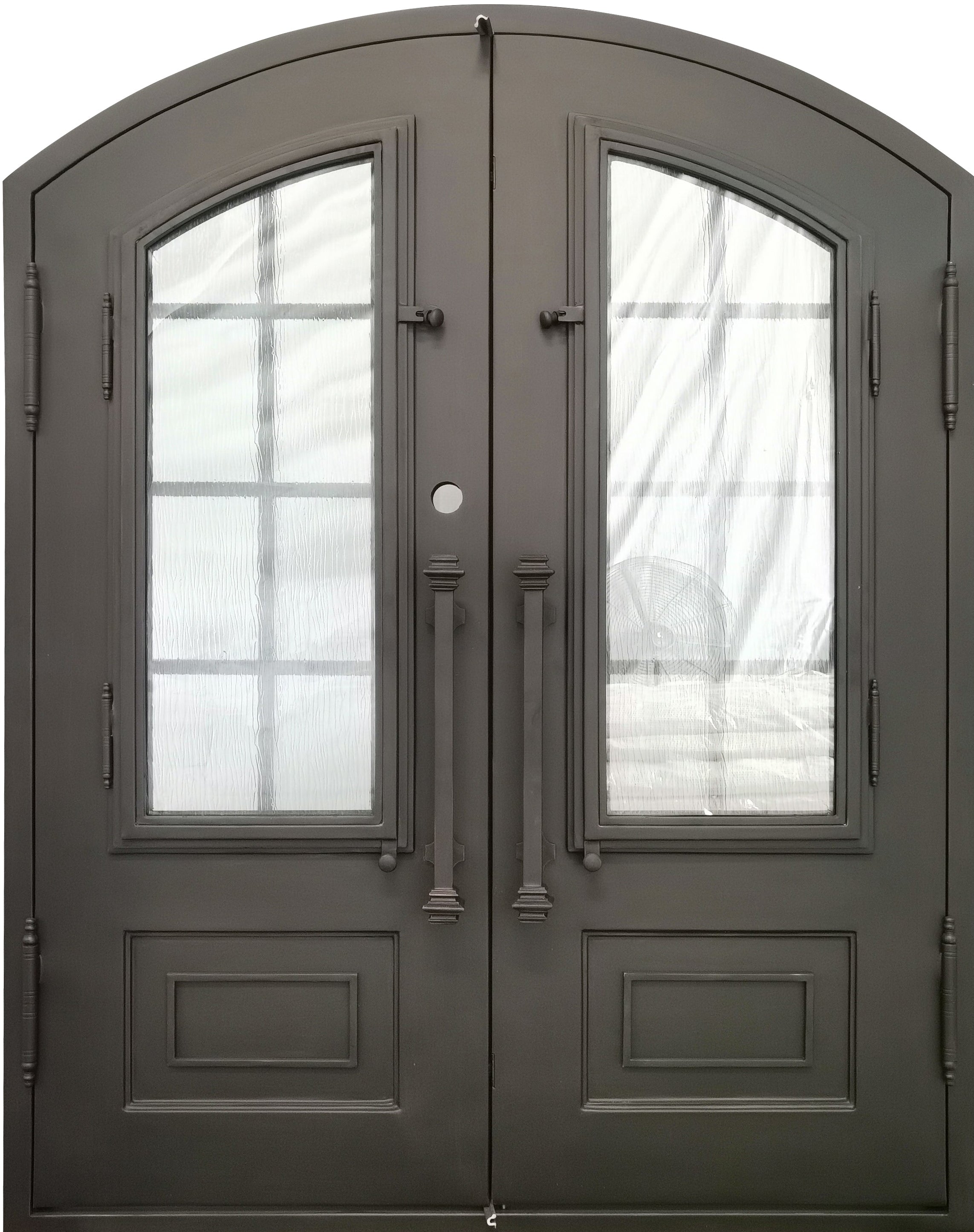 Anderson Model Double Front Entry Iron Door With Tempered Rain Glass Dark Bronze Finish