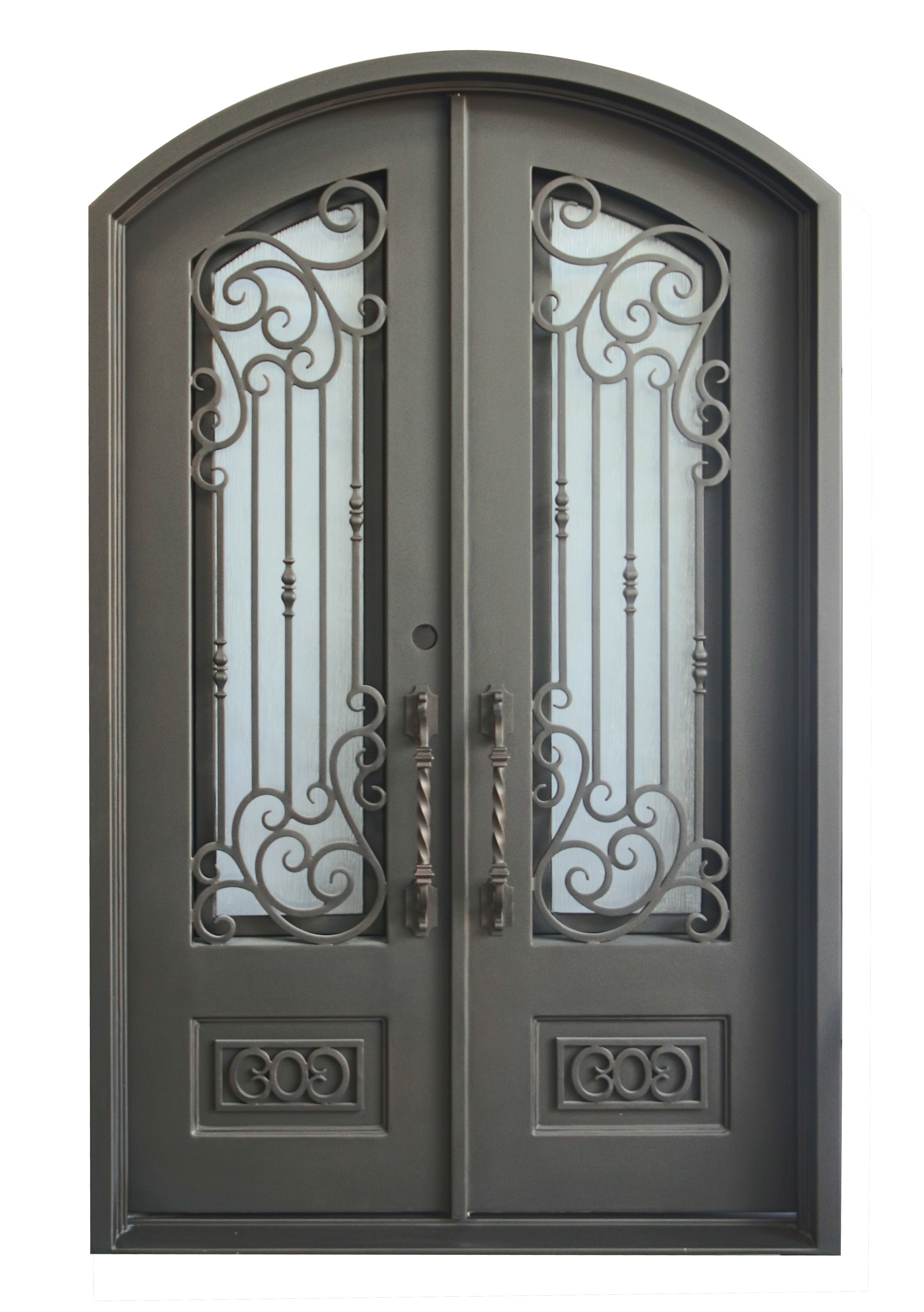 Alvarado Model Double Front Entry Iron Door With Tempered Rain Glass Dark Bronze Finish