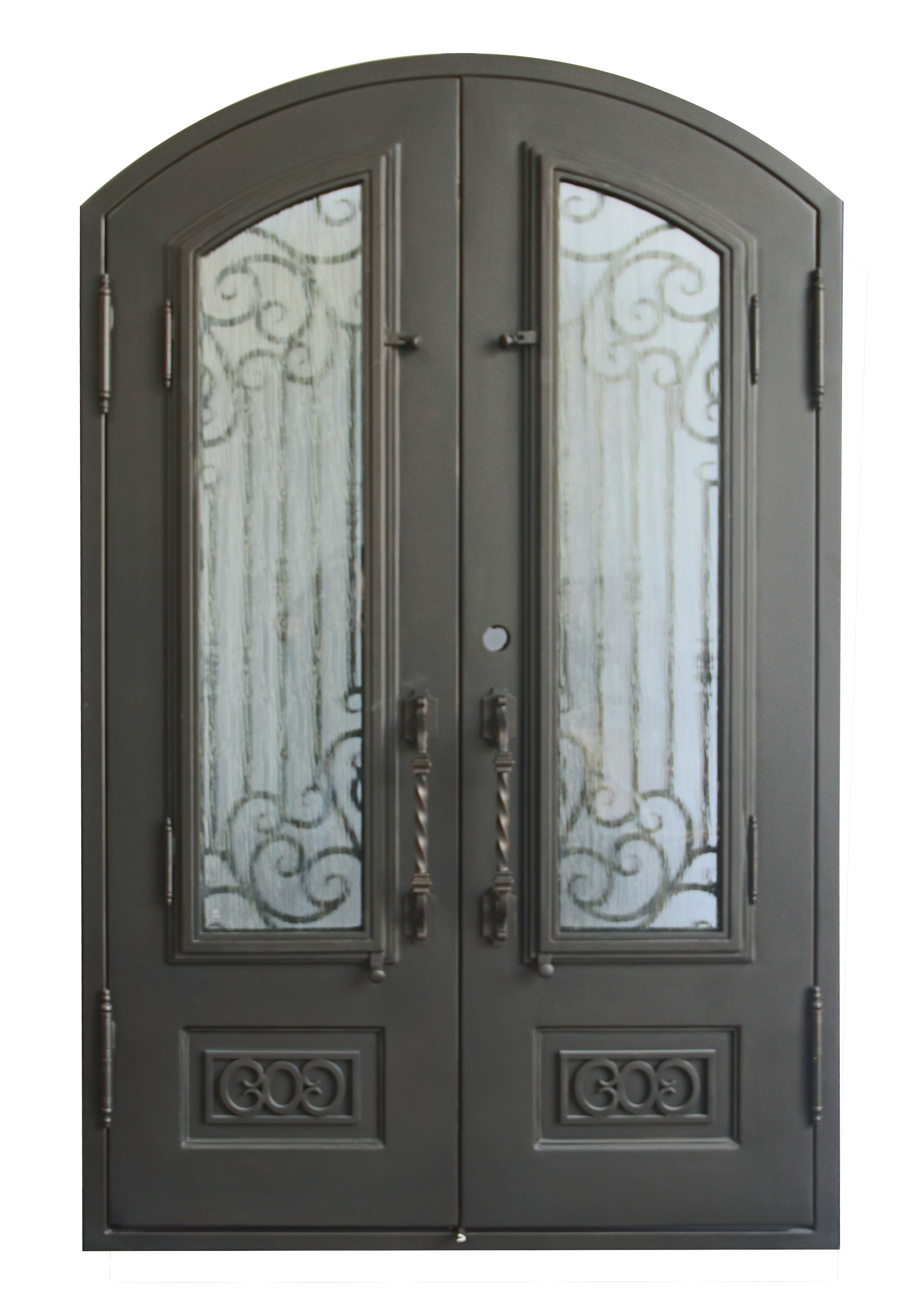 Alvarado Model Double Front Entry Iron Door With Tempered Rain Glass Dark Bronze Finish