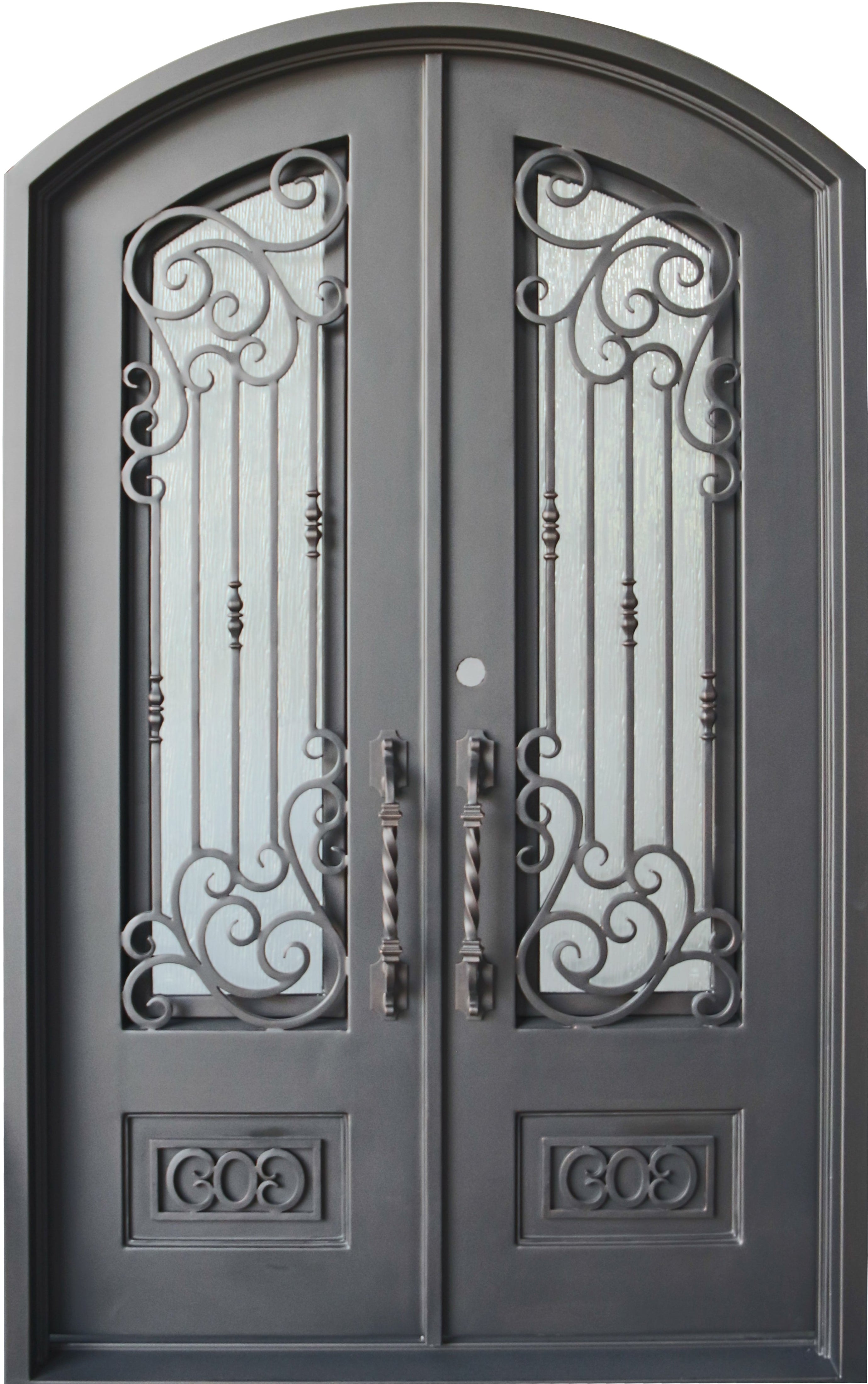Alvarado Model Double Front Entry Iron Door With Tempered Rain Glass Dark Bronze Finish