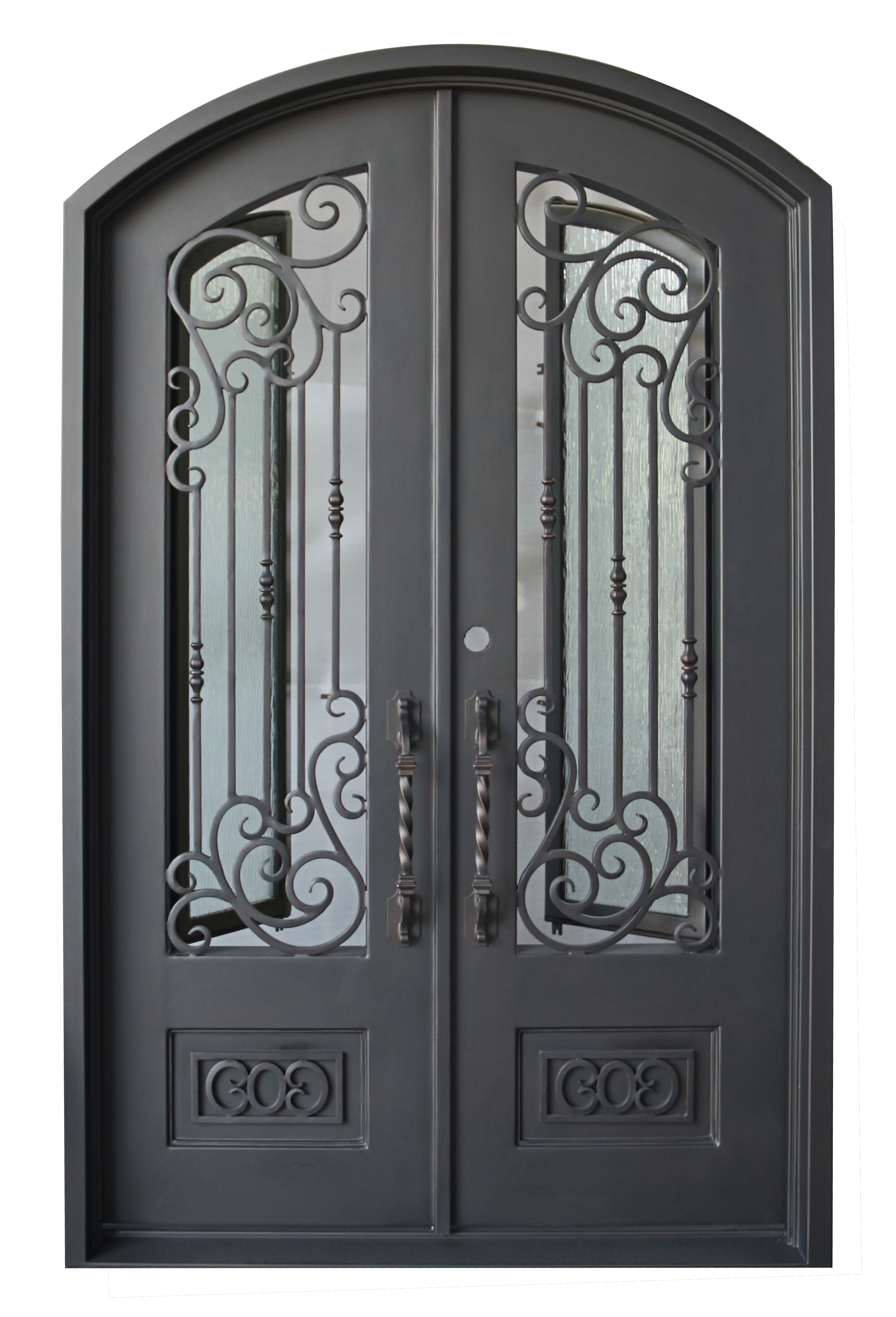 Alvarado Model Double Front Entry Iron Door With Tempered Rain Glass Dark Bronze Finish