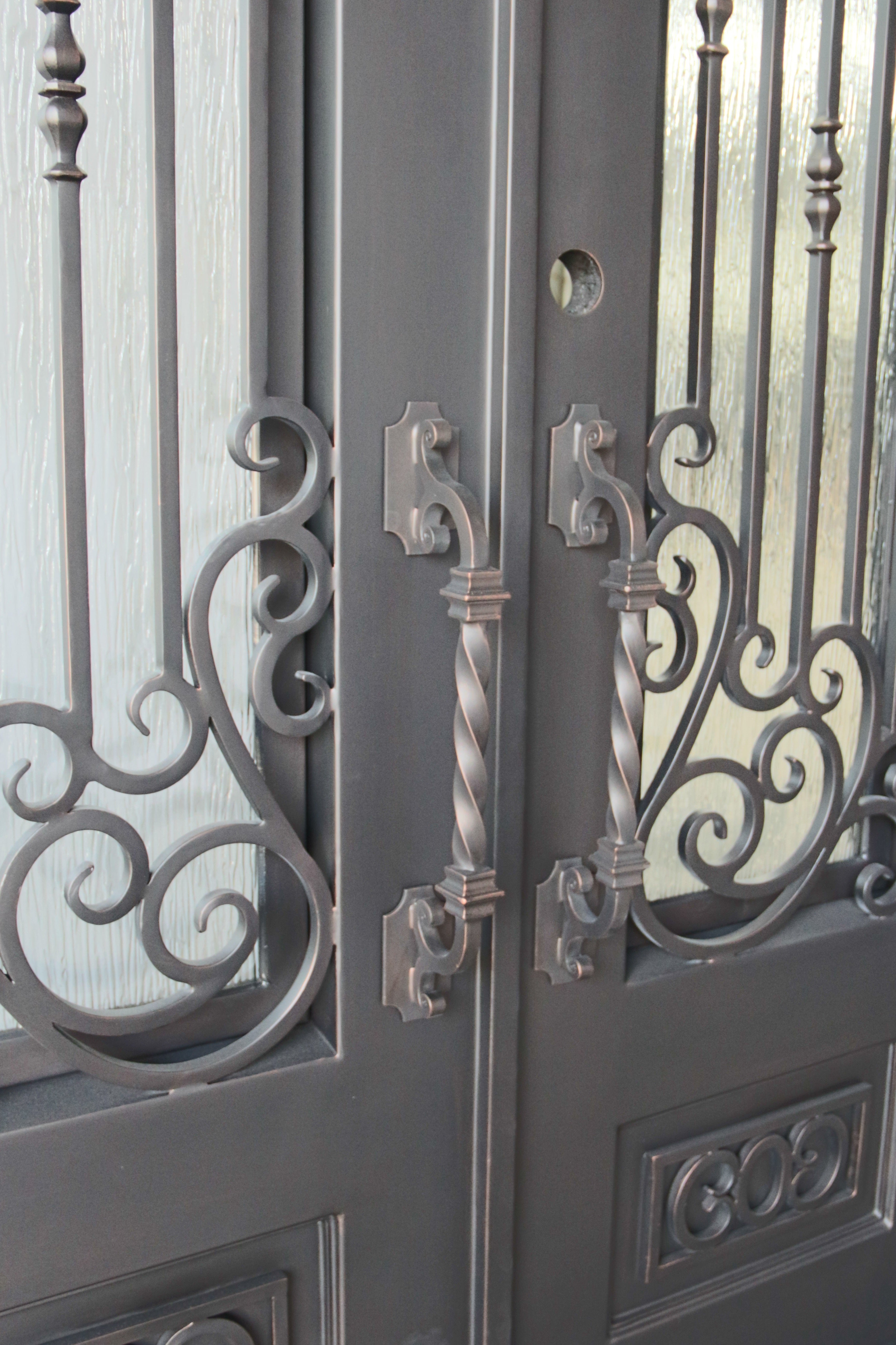 Alvarado Model Double Front Entry Iron Door With Tempered Rain Glass Dark Bronze Finish