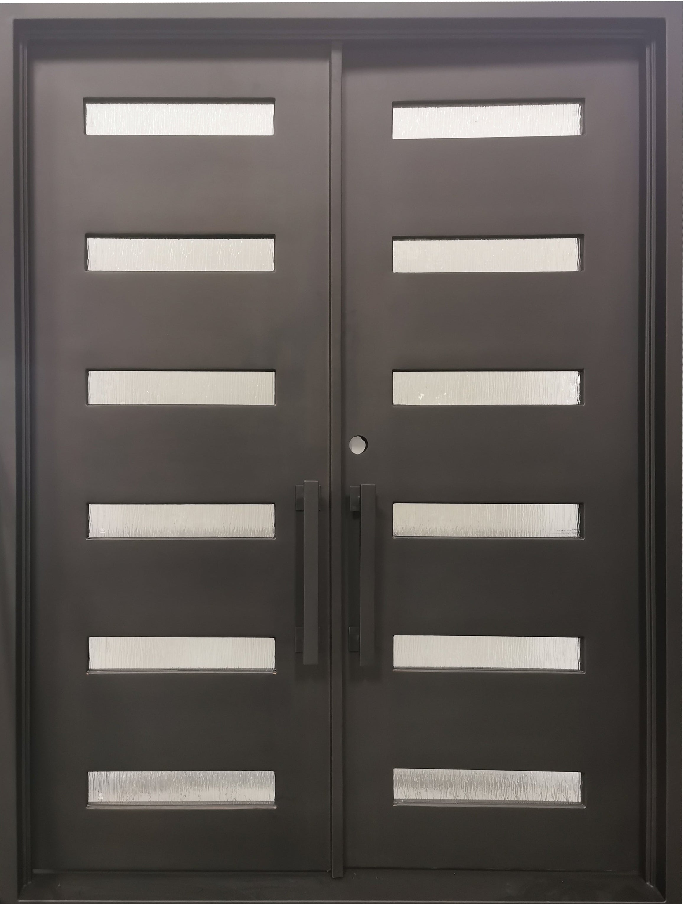 Aledo Model Double Front Entry Iron Door With Tempered Rain Glass Dark Bronze Finish