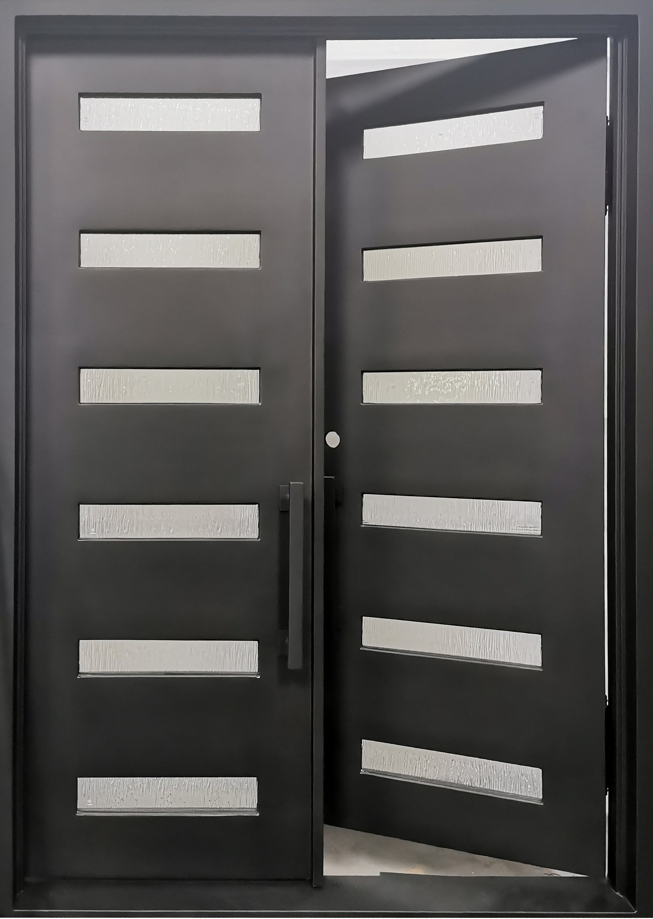 Aledo Model Double Front Entry Iron Door With Tempered Rain Glass Dark Bronze Finish