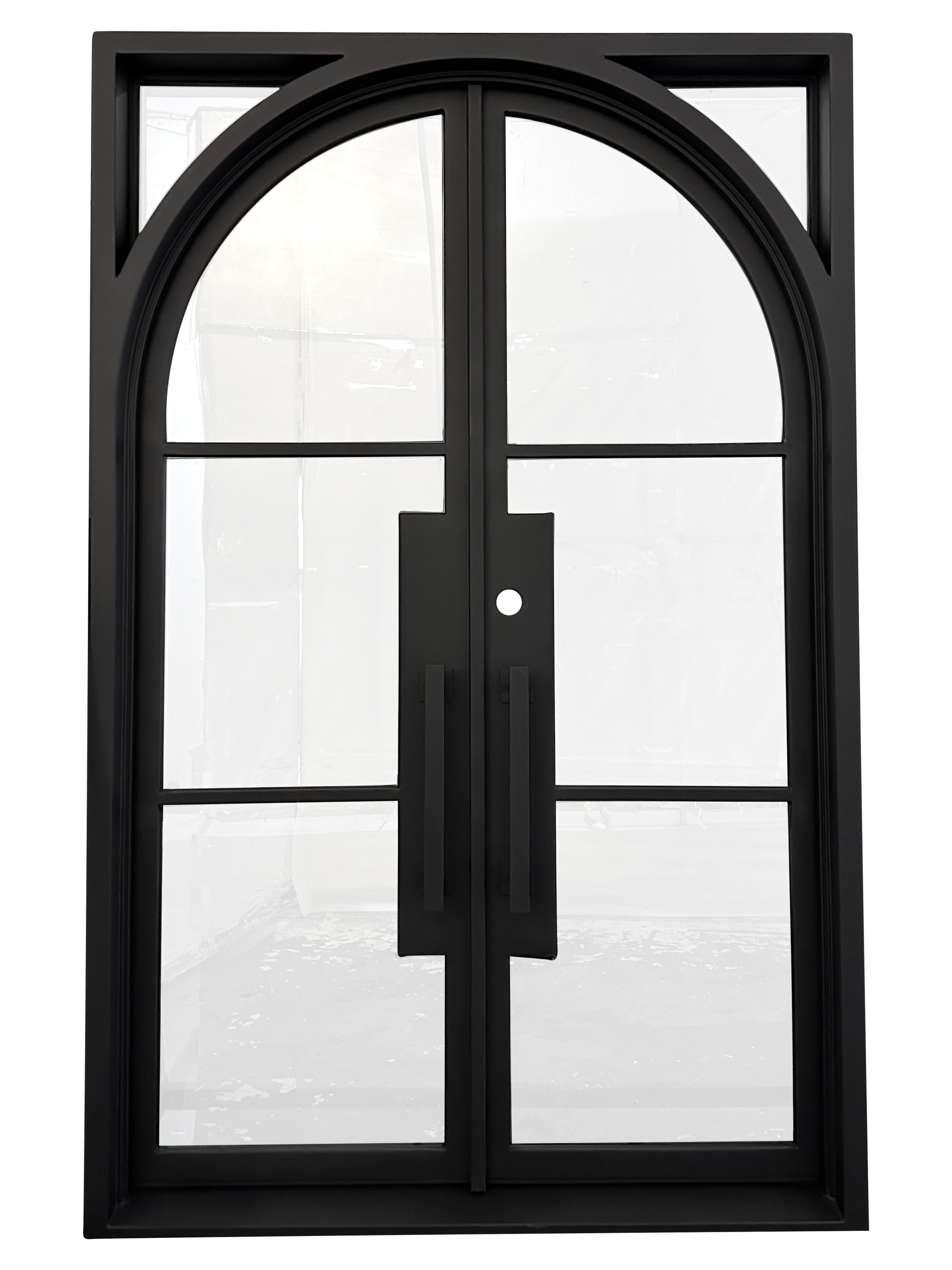 Dublin Model Double Front Entry Iron Door With Tempered Low E Clear Glass Matt Black Finish