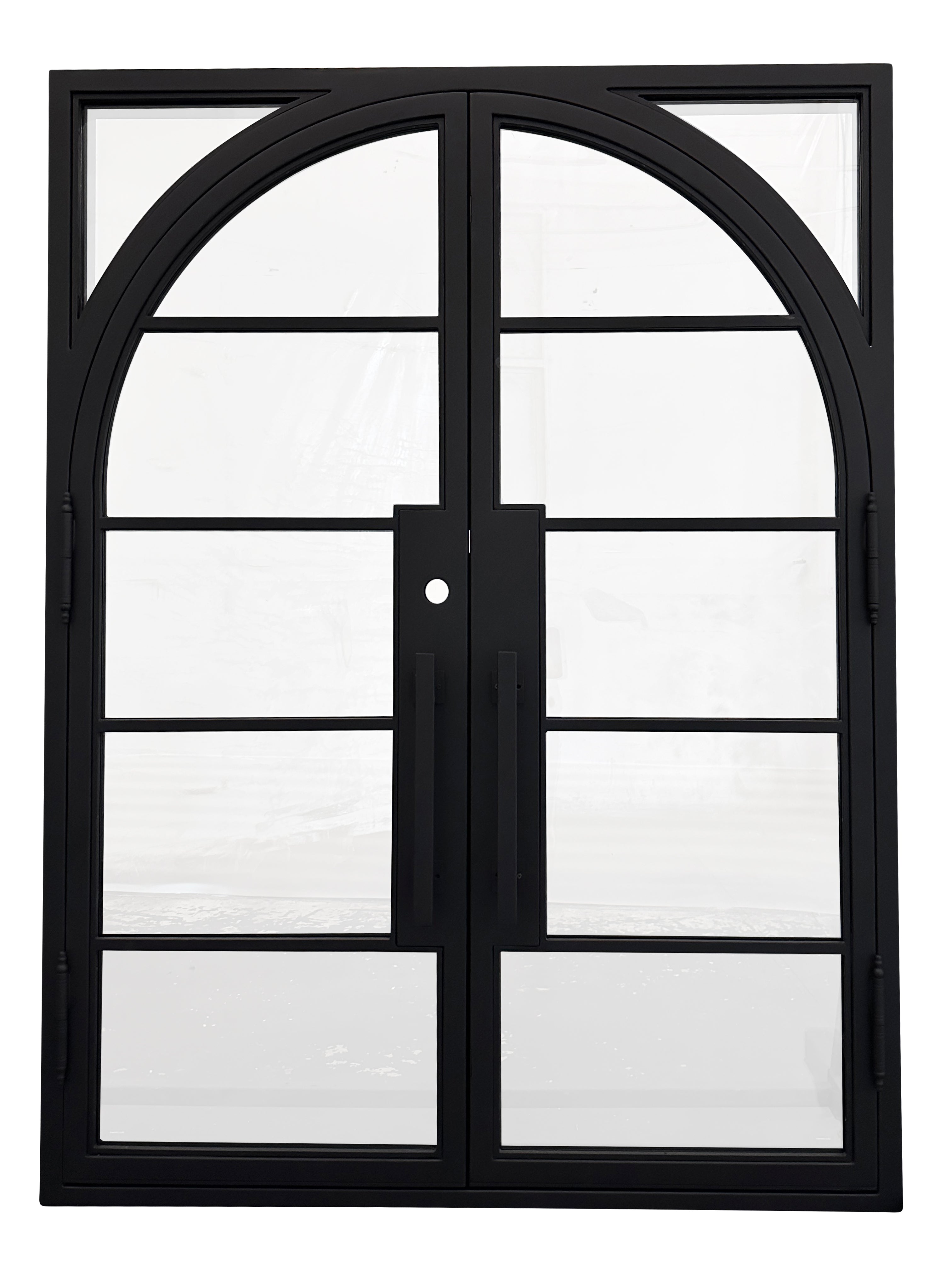 Dayton Model Double Front Entry Iron Door With Tempered Low E Clear Glass Matt Black Finish