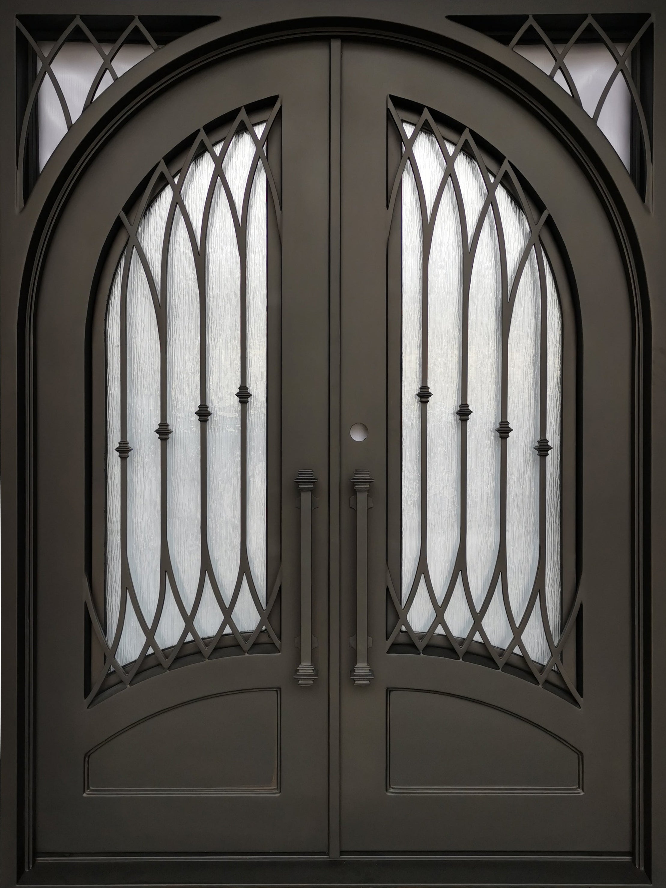 Austin Model Double Front Entry Iron Door With Tempered Rain Glass Dark Bronze Finish