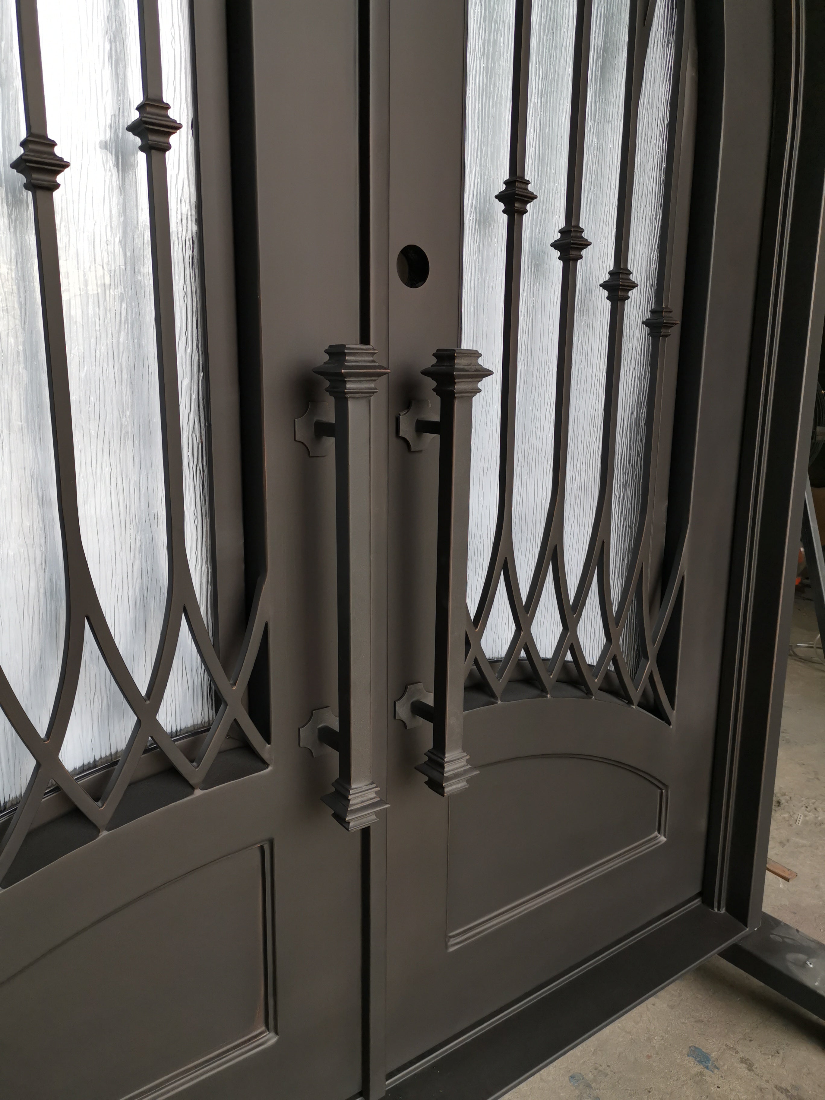 Austin Model Double Front Entry Iron Door With Tempered Rain Glass Dark Bronze Finish