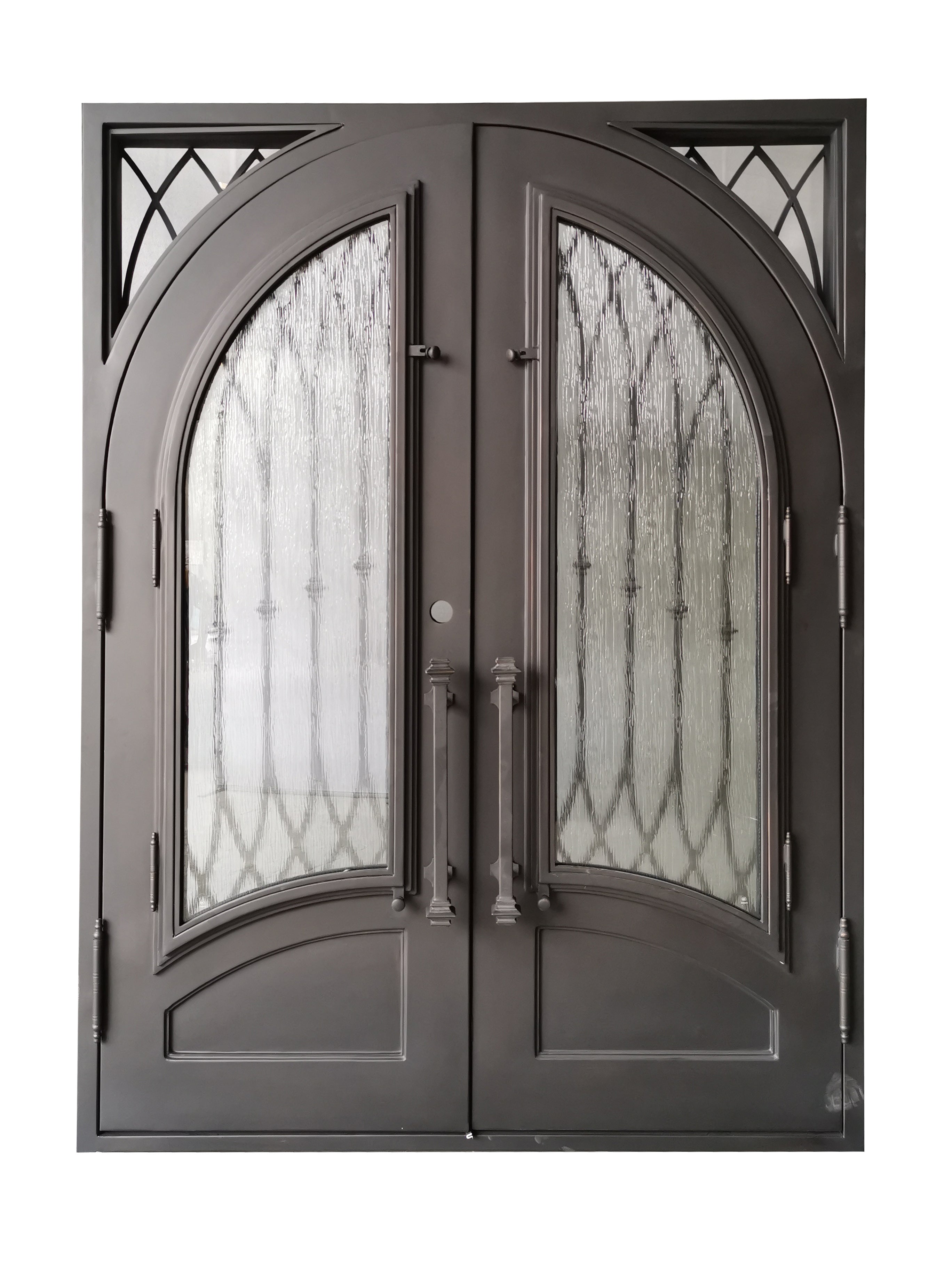 Austin Model Double Front Entry Iron Door With Tempered Rain Glass Dark Bronze Finish