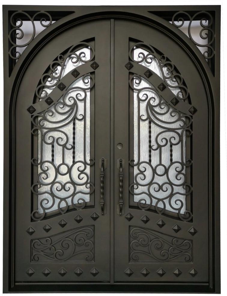 Canton Model  Double Front Entry Iron Door With Tempered Rain Glass Dark Bronze Finish