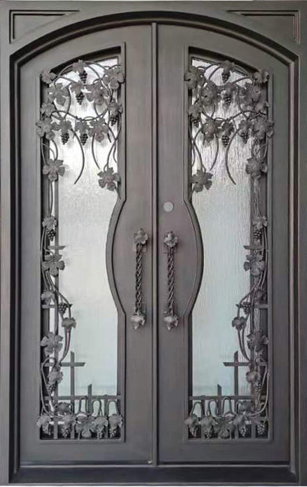 Grapevine Model Double Front Entry Iron Door With Tempered Rain Glass Dark Bronze Finish