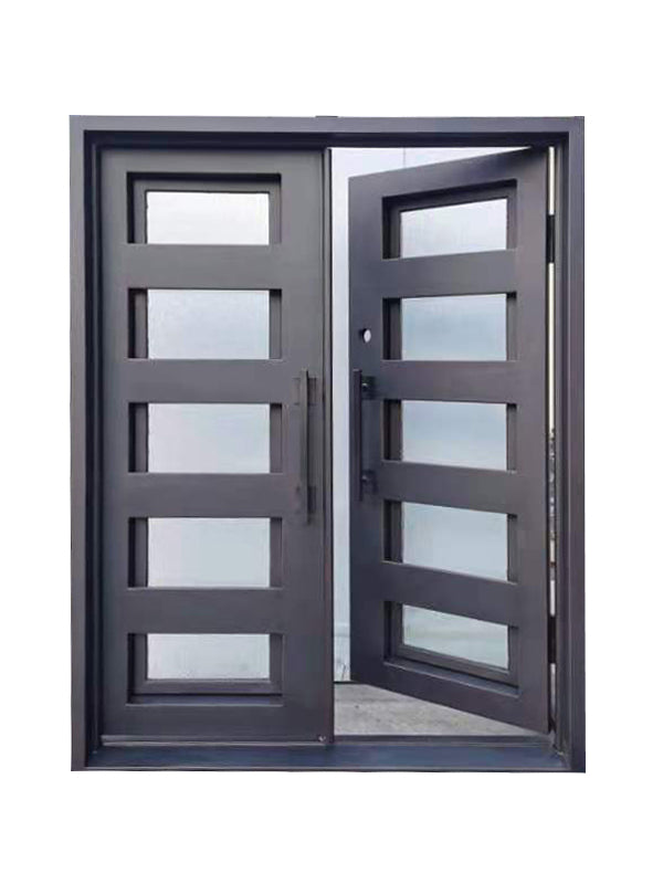 Reno Model Double Front Entry Iron Door With Tempered Rain Glass Dark Bronze Finish