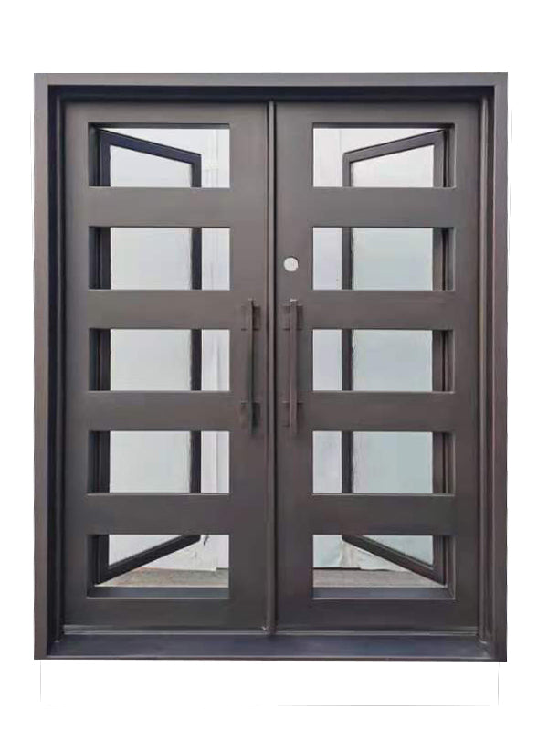 Reno Model Double Front Entry Iron Door With Tempered Rain Glass Dark Bronze Finish
