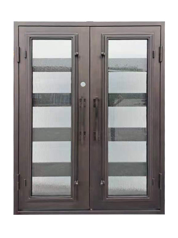 Reno Model Double Front Entry Iron Door With Tempered Rain Glass Dark Bronze Finish