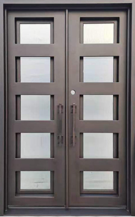 Reno Model Double Front Entry Iron Door With Tempered Rain Glass Dark Bronze Finish