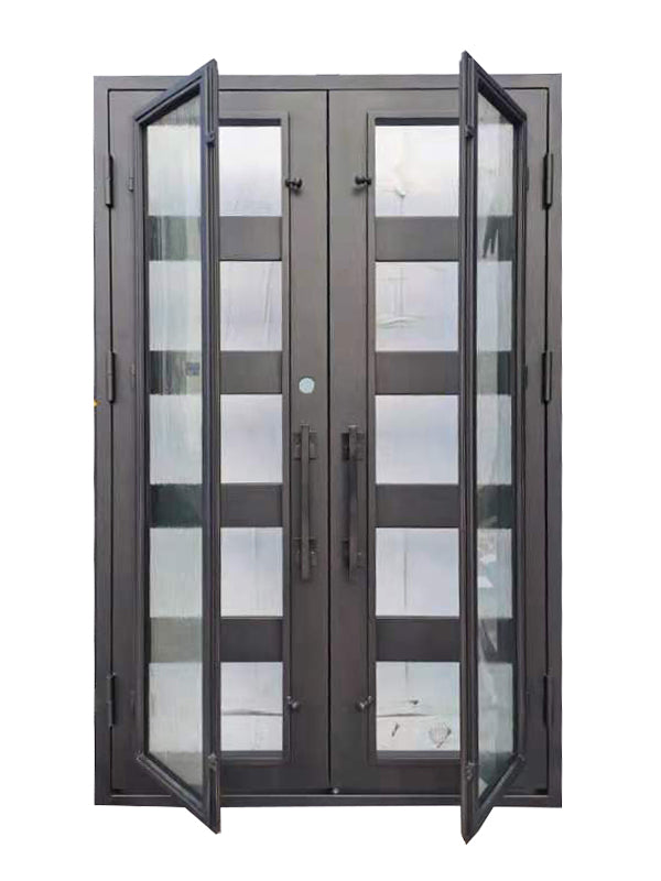 Reno Model Double Front Entry Iron Door With Tempered Rain Glass Dark Bronze Finish