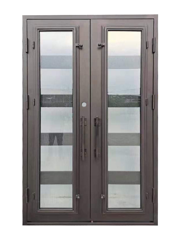 Reno Model Double Front Entry Iron Door With Tempered Rain Glass Dark Bronze Finish