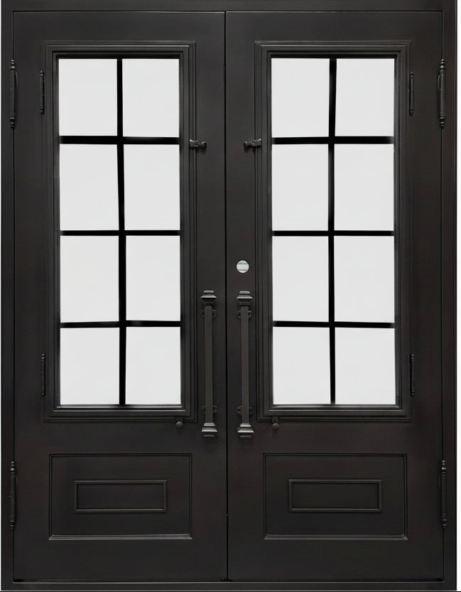 Aldine Model Double Front Entry Iron Door With Tempered Frosted Glass Dark Bronze Finish