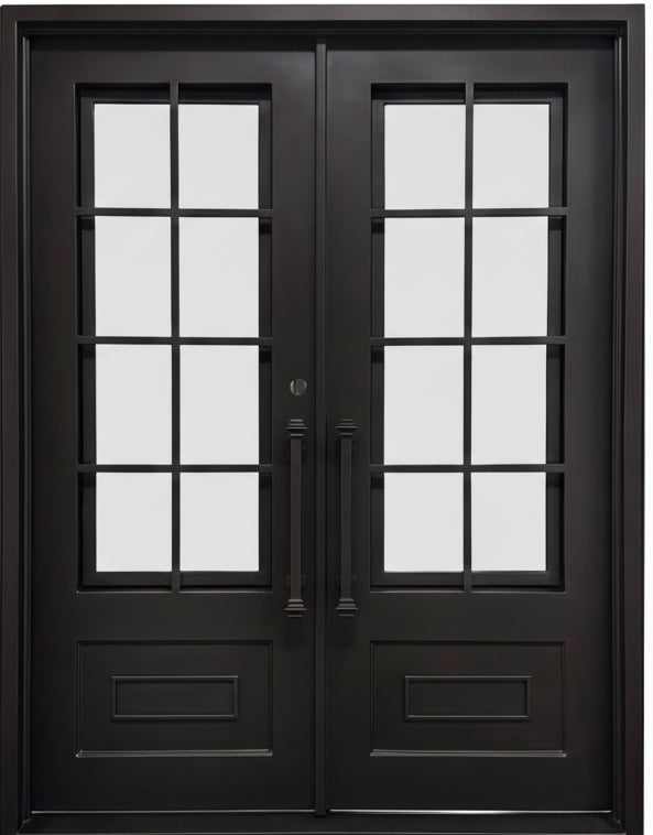 Aldine Model Double Front Entry Iron Door With Tempered Frosted Glass Dark Bronze Finish