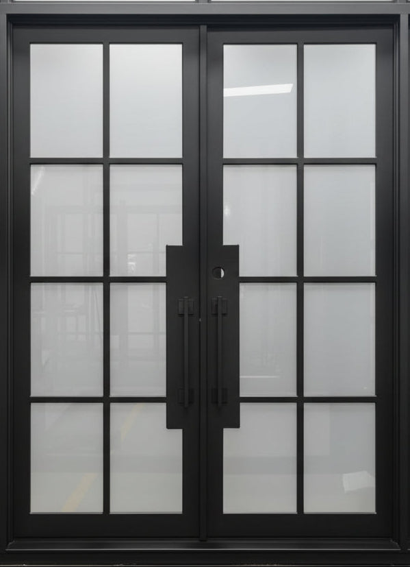 Beaumont Double Front Entry Iron Door With Tempered Frosted Glass Matt Black Finish