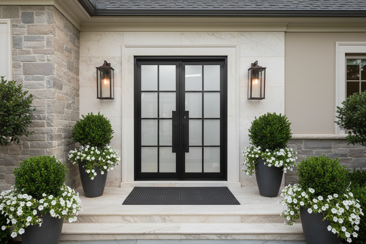 Beaumont Double Front Entry Iron Door With Tempered Frosted Glass Matt Black Finish