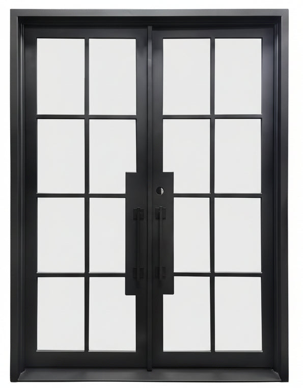 Beaumont Double Front Entry Iron Door With Tempered Frosted Glass Matt Black Finish