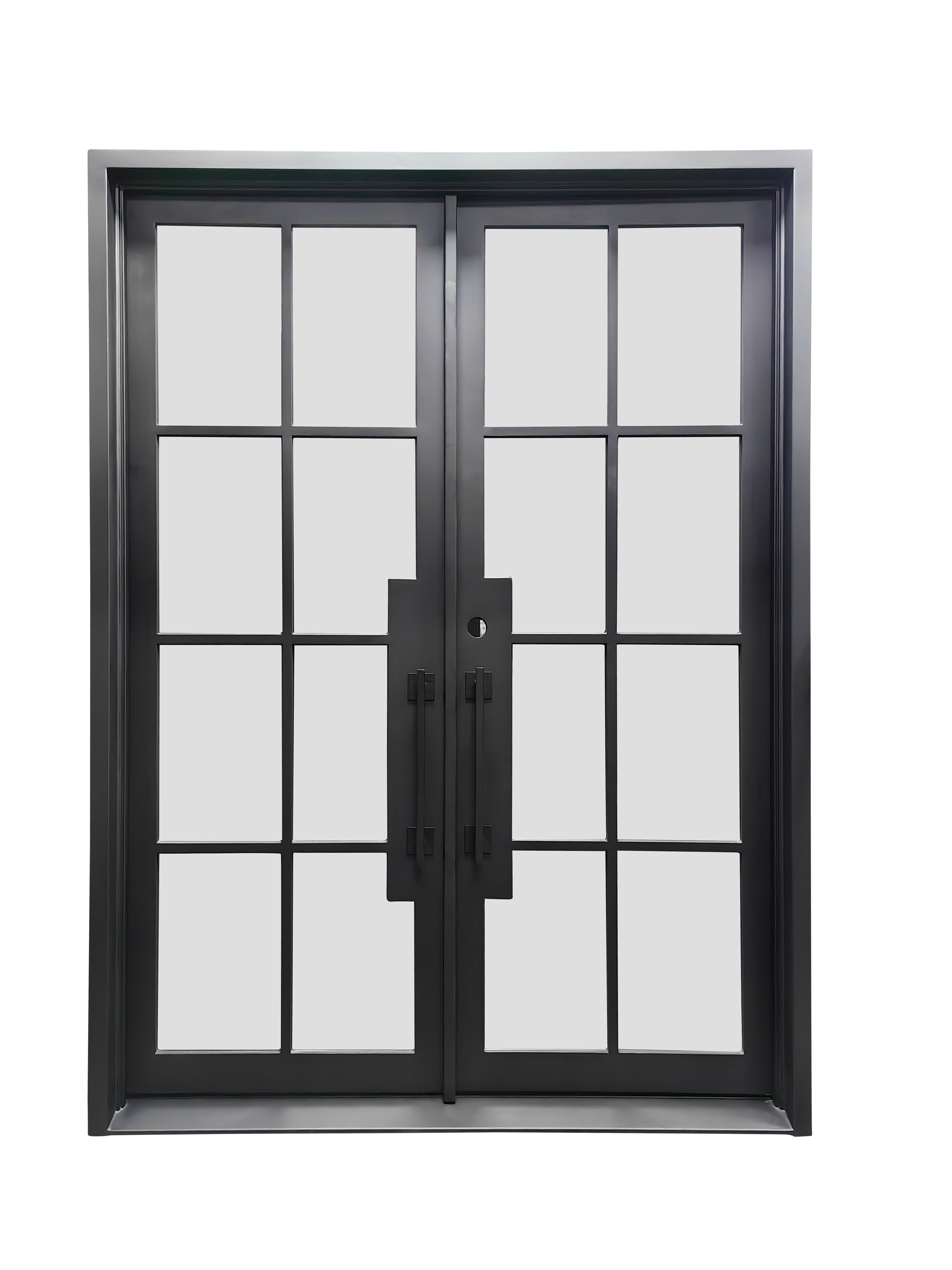 Beaumont Double Front Entry Iron Door With Tempered Frosted Glass Matt Black Finish