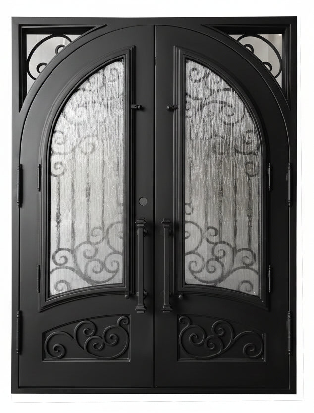Conroe Model Double Front Entry Iron Door With Tempered Rain Glass Dark Bronze Finish