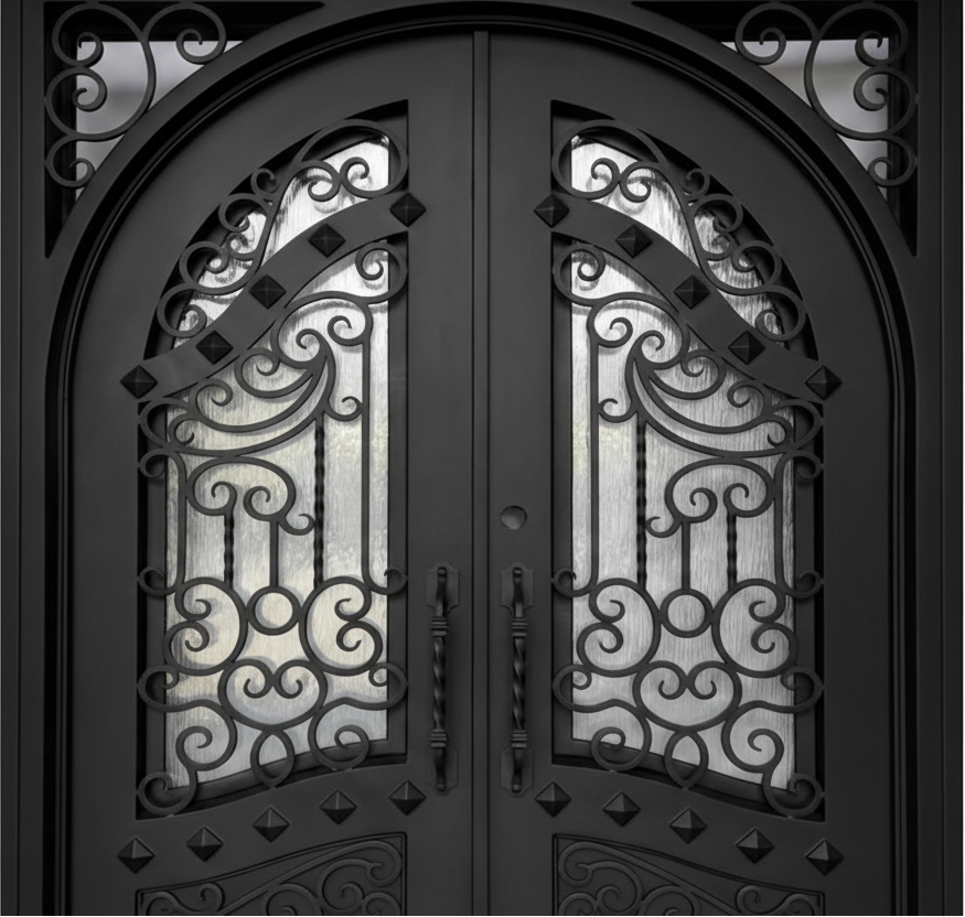 Canton Model Thermal Break Double Front Entry Iron Door With Tempered Rain Glass Matt Black Finish