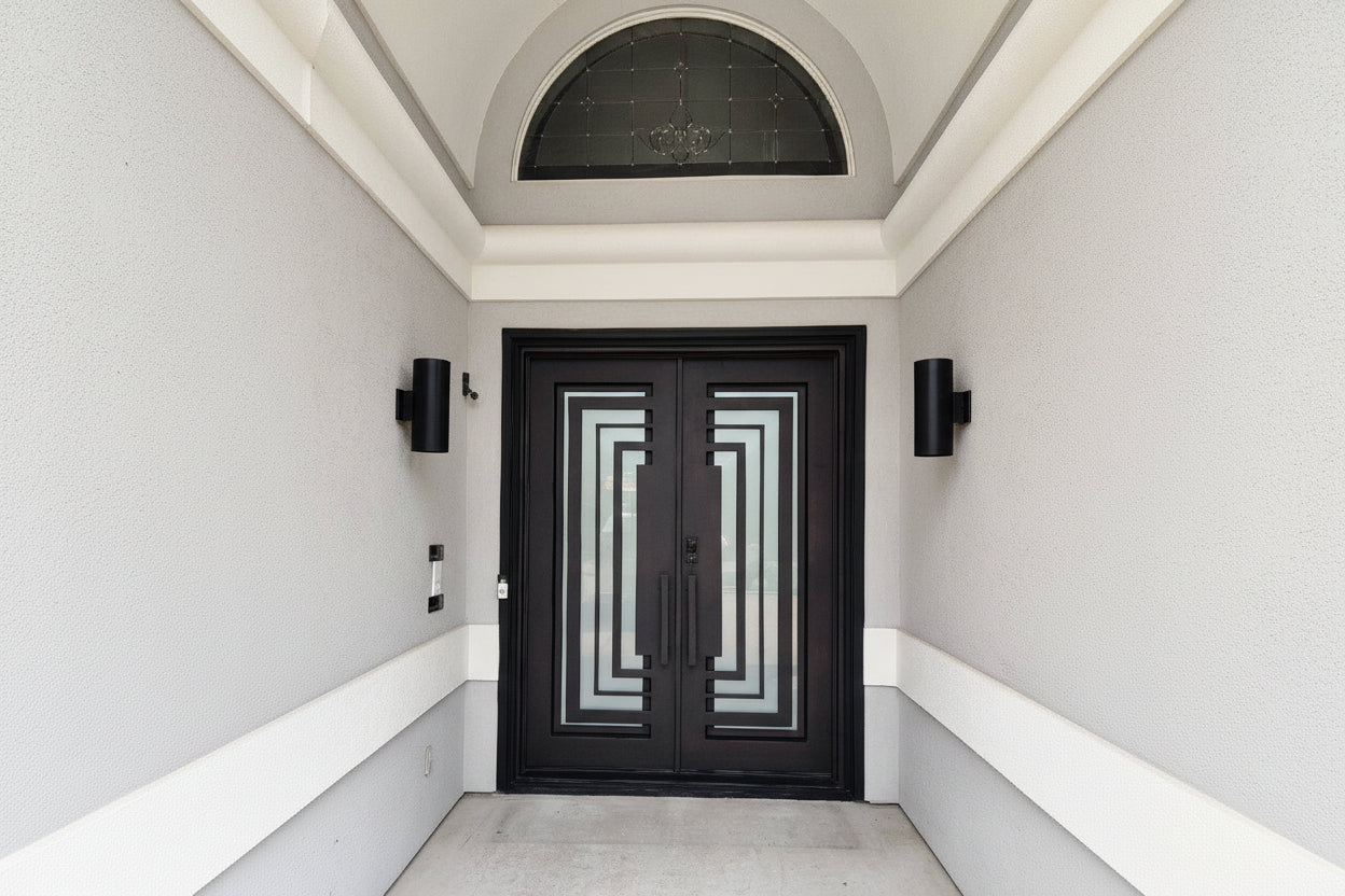 Bellaire Model Double Front Entry Iron Door With Tempered Frosted Glass Dark Bronze Finish