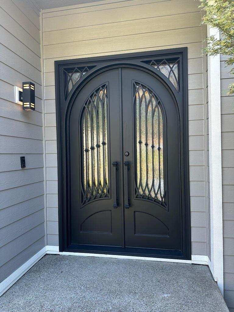 Austin Model Double Front Entry Iron Door With Tempered Rain Glass Dark Bronze Finish
