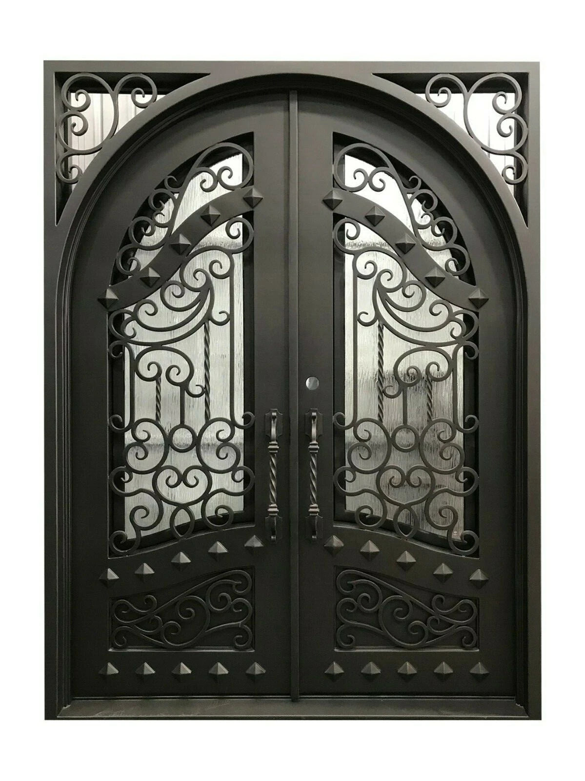 Canton Model Double Front Entry Iron Door With Tempered Rain Glass Dark Bronze Finish