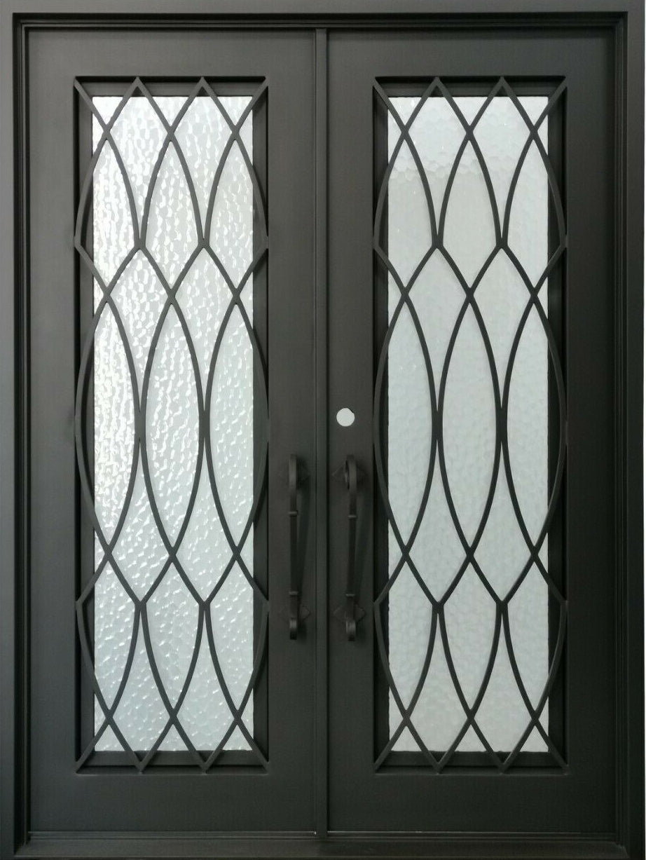 Burleson Model Double Front Entry Iron Door With Tempered Water Cube Glass Dark Bronze Finish