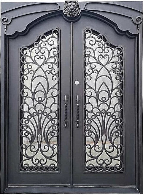 Parker Model Double Front Entry Iron Door With Tempered Rain Glass Dark Bronze Finish