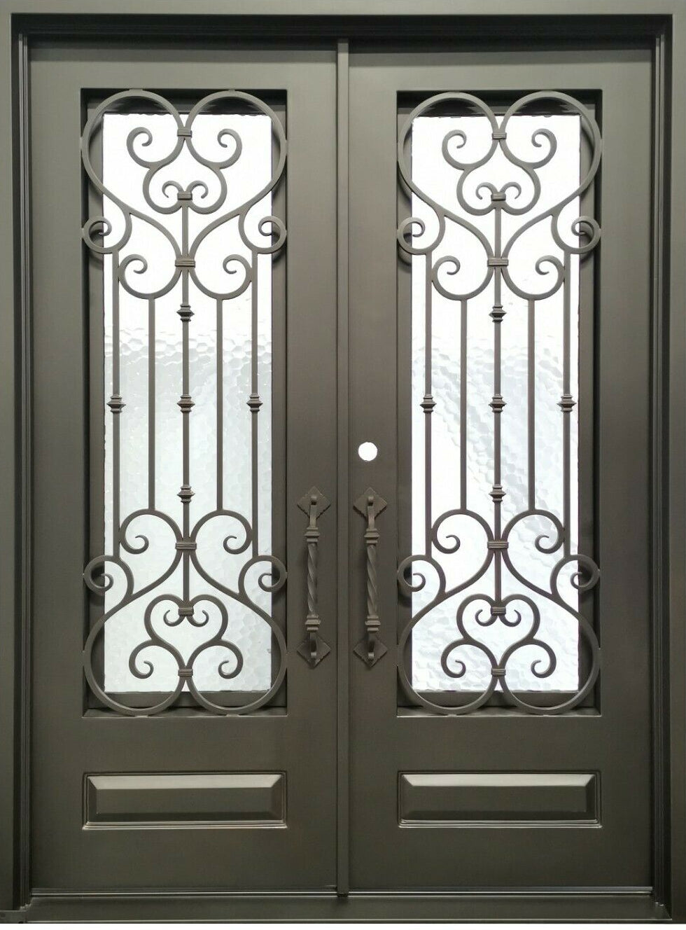 Bellmead Model Double Front Entry Iron Door With Tempered Water Cube Glass Dark Bronze Finish