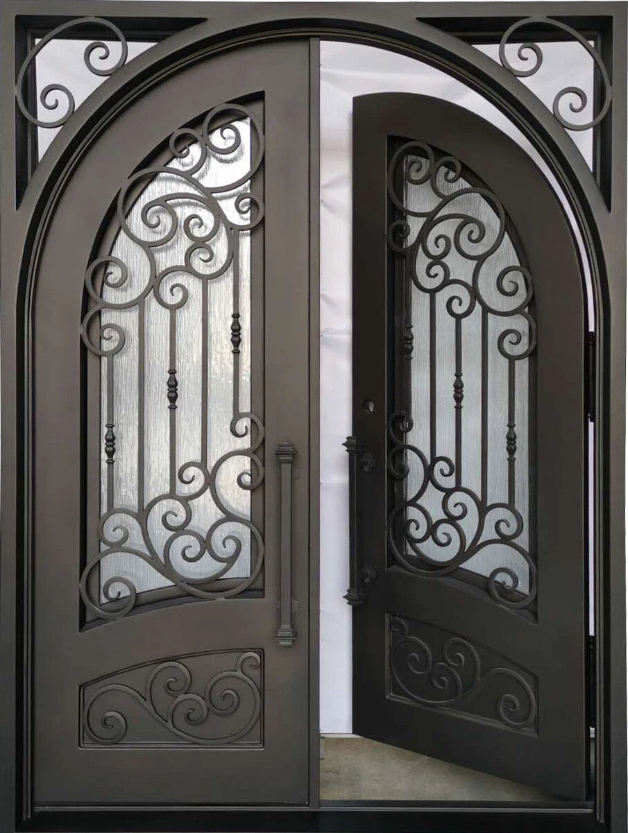 Conroe Model Double Front Entry Iron Door With Tempered Rain Glass Dark Bronze Finish
