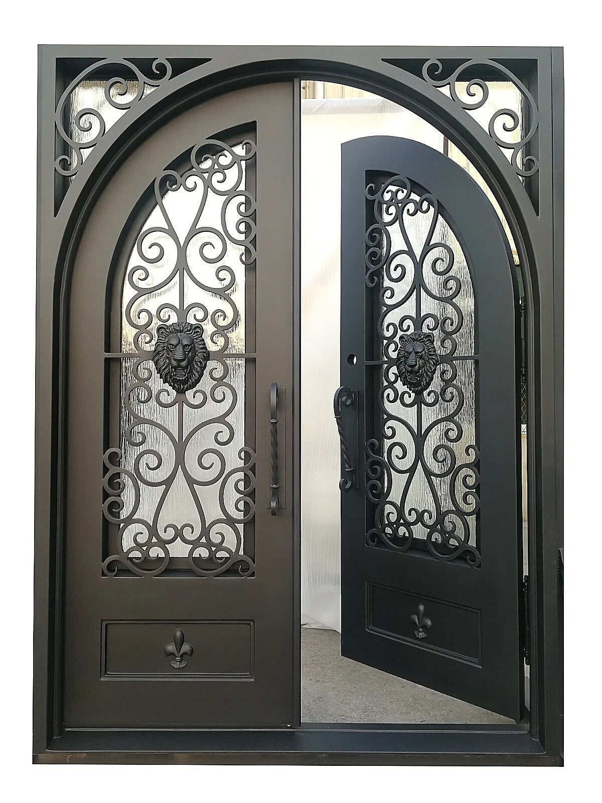 Coppell Model Double Front Entry Iron Door With Tempered Rain Glass Dark Bronze Finish