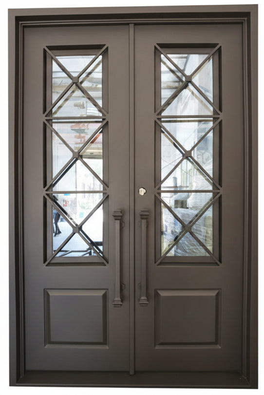 Rockport Model Thermal Break Double Front Entry Iron Door With Tempered Reflective Glass Matt Black Finish