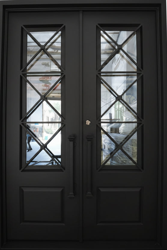 Rockport Model Double Front Entry Iron Door With Tempered Reflective Glass Matt Black Finish